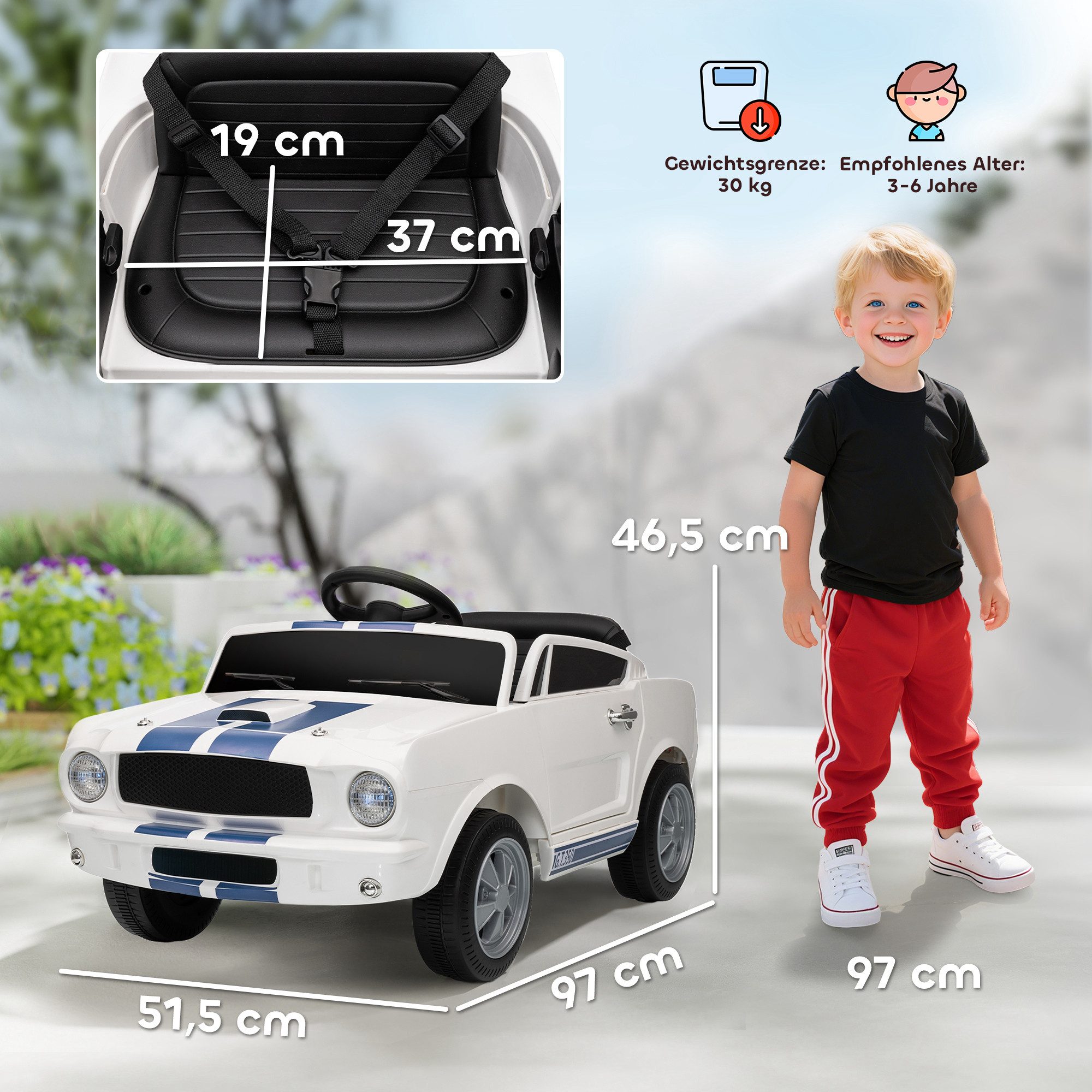 AIYAPLAY Elektro-Kinderauto mit 2,4 GHz Fernbedienung, 2 Motor, Hupe, LED, Musik, Belastbarkeit 30 kg, (1-tlg), für 3-6 Jahre Kinder, Weiß