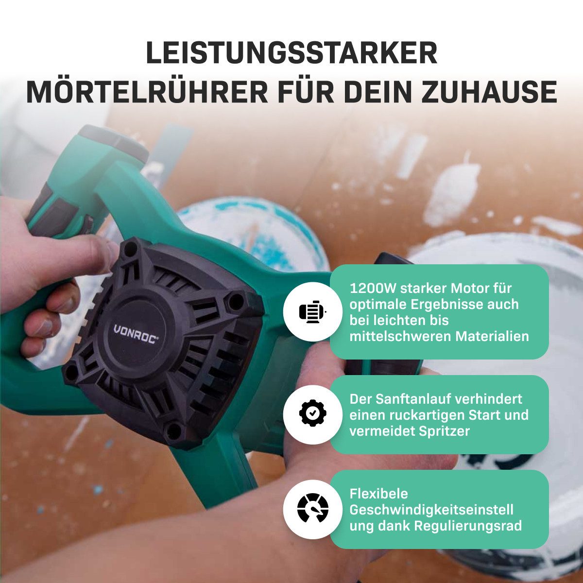 VONROC Betonmischer Mörtelrührer inkl. Rührwerk, (Set, Zementmischer Vonroc), Quirl mit Sanftanlauf - 2 Geschwindigkeitsmodi