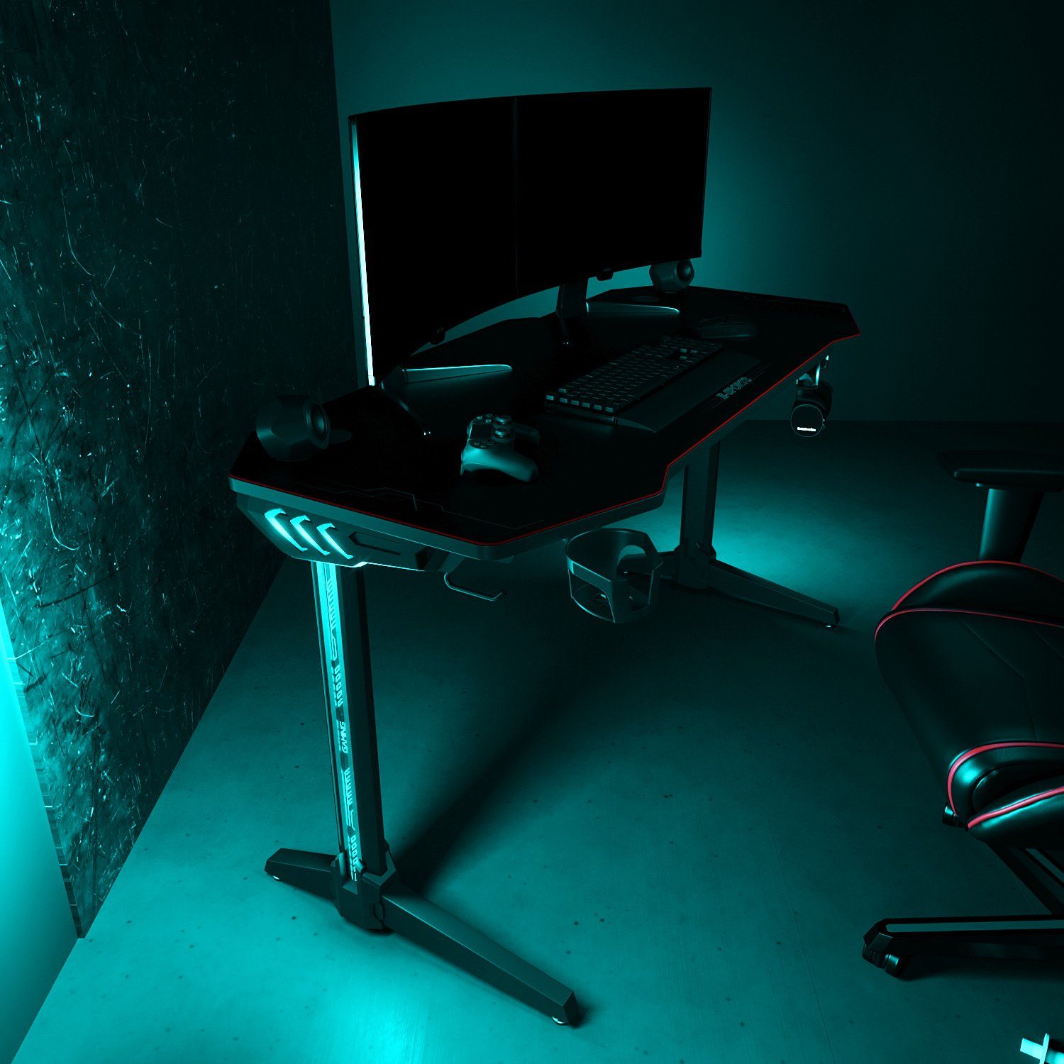 SONNI Gamingtisch Gamingtisch LED Kopfhörerhaken, Breite mit Mauspad,Becherhalter Beleuchtung schwarz RGB mit ergonomische,140x60x75cm und 140cm