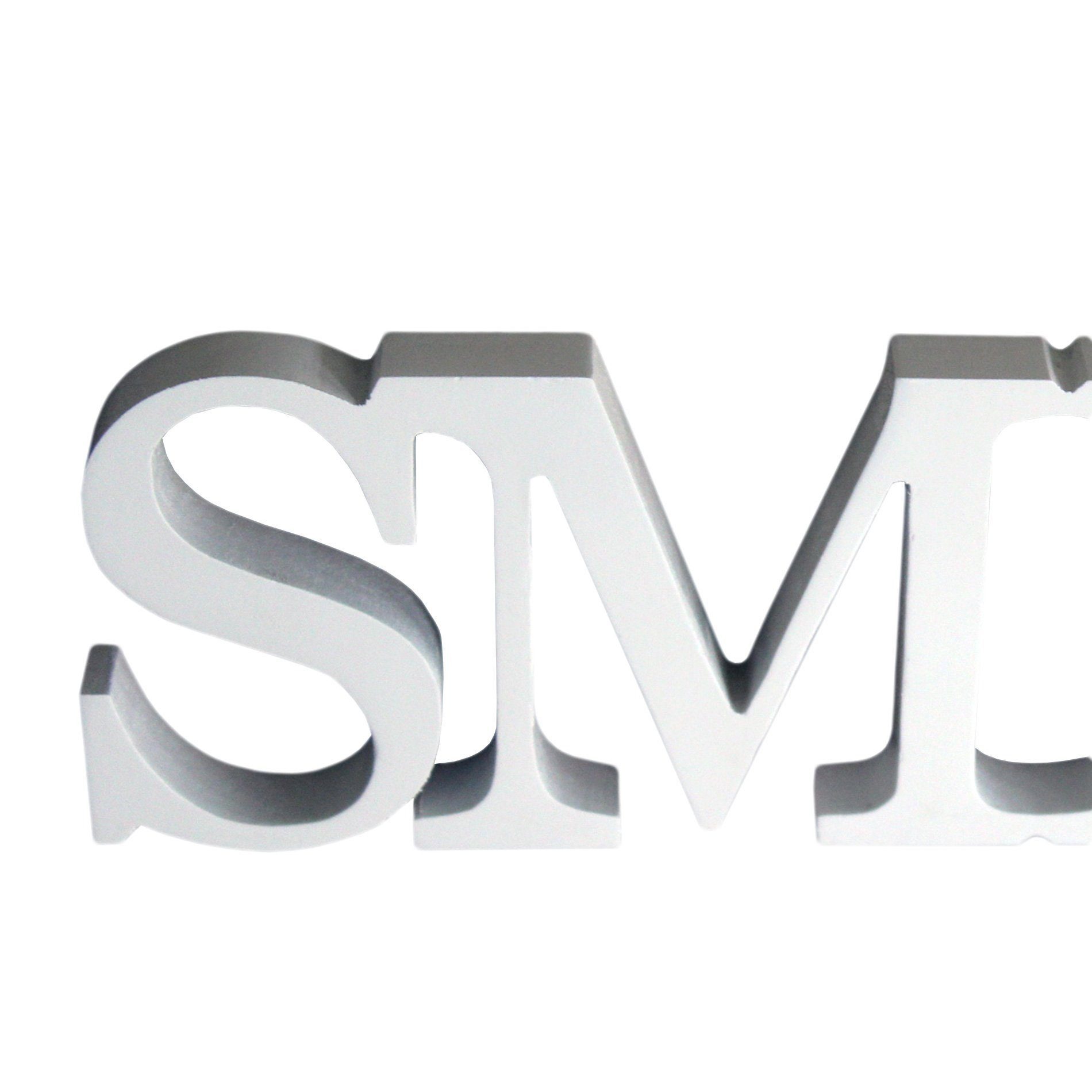 Melko Wanddekoobjekt Holzschrift Dekoschild SMILE Schriftzug Weiß Holz Aufhängen Wanddeko (Stück, 1 St), Inkl. Wandbefestigungsaufkelebern
