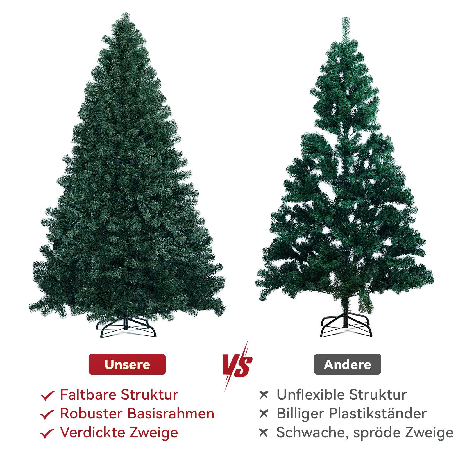 COMHOMA Künstlicher Weihnachtsbaum Weihnachtsdeko 195cm PVC Material mit 1000+ Spitzen Thickened Branches, Foldable abziehbar mit robuster Sockel – Bild 3 von 5
