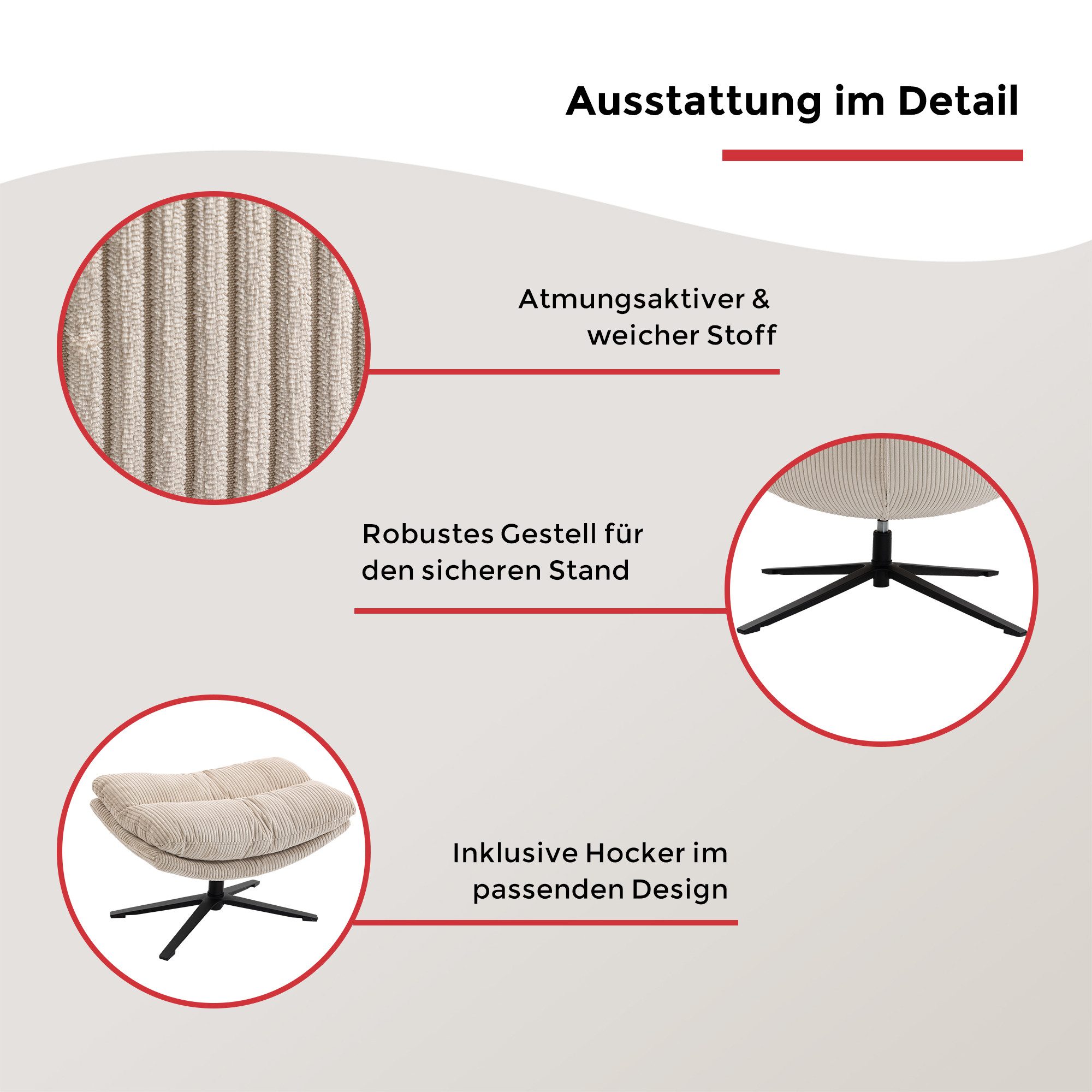 Duo Collection Relaxsessel Porto, 360° drehbar, doppelte Polsterung, mit Hocker, bis 115 kg belastbar