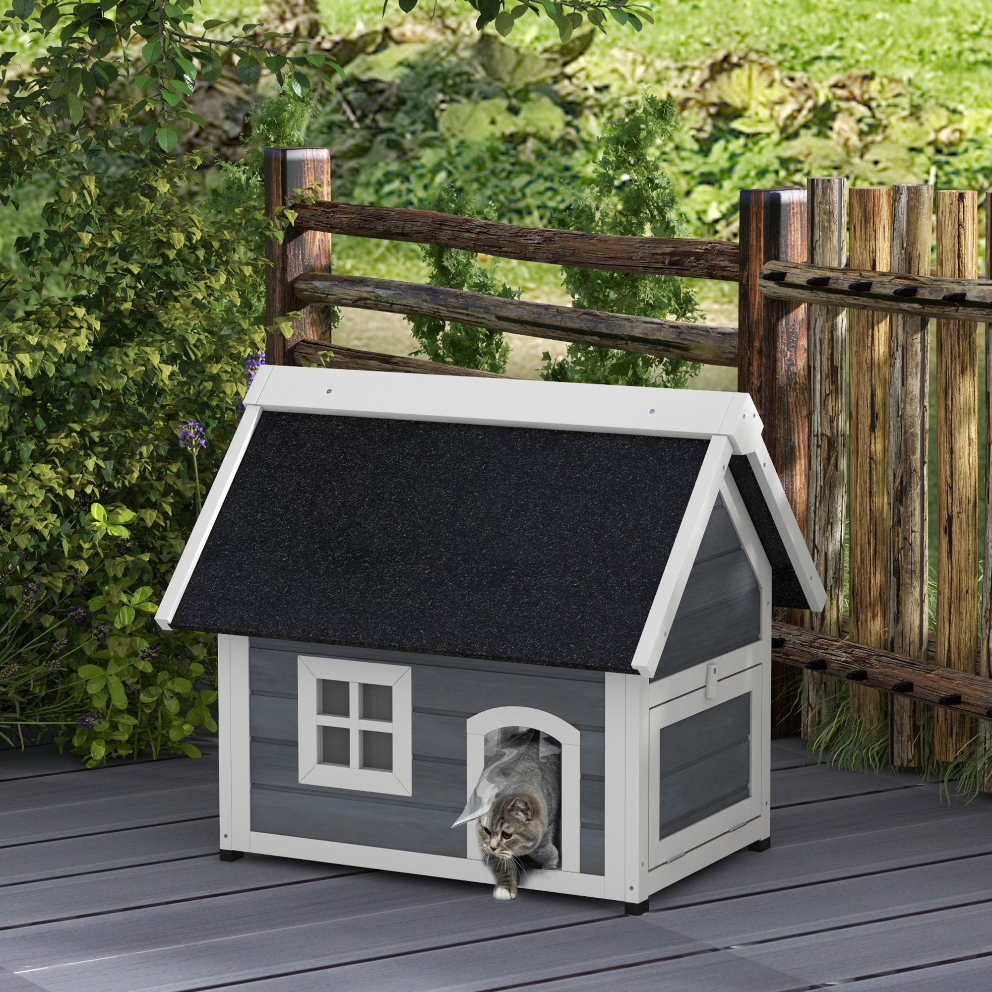 PawHut Tierhöhle Katzenhaus aus Holz Winterfest Katzenhöhle für Draußen Wetterfest, 77 x 57,5 x 68 cm, Grau