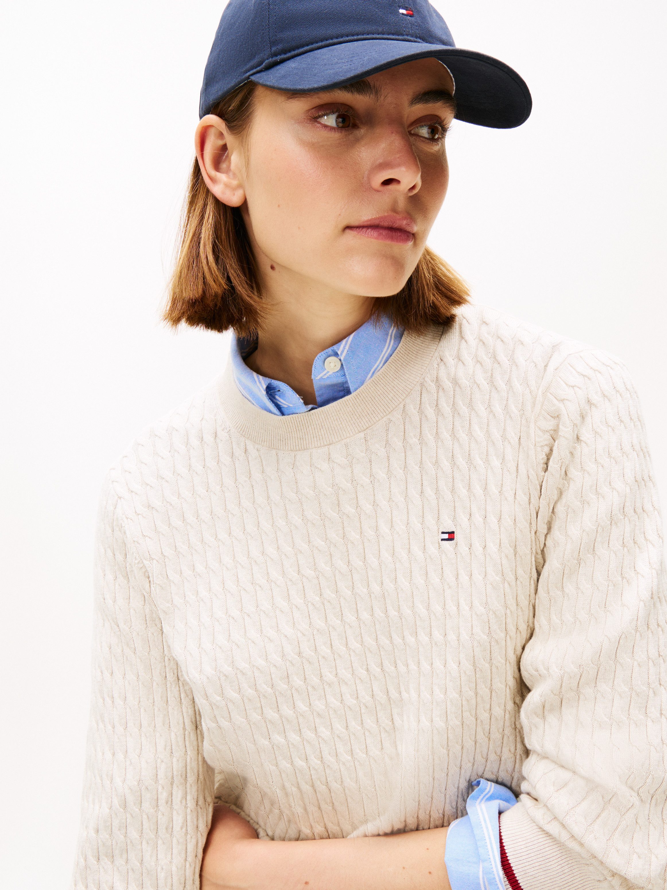 Tommy Hilfiger Rundhalspullover CO CABLE C-NK LS SWEATER Baumwolle, mit Zop günstig online kaufen