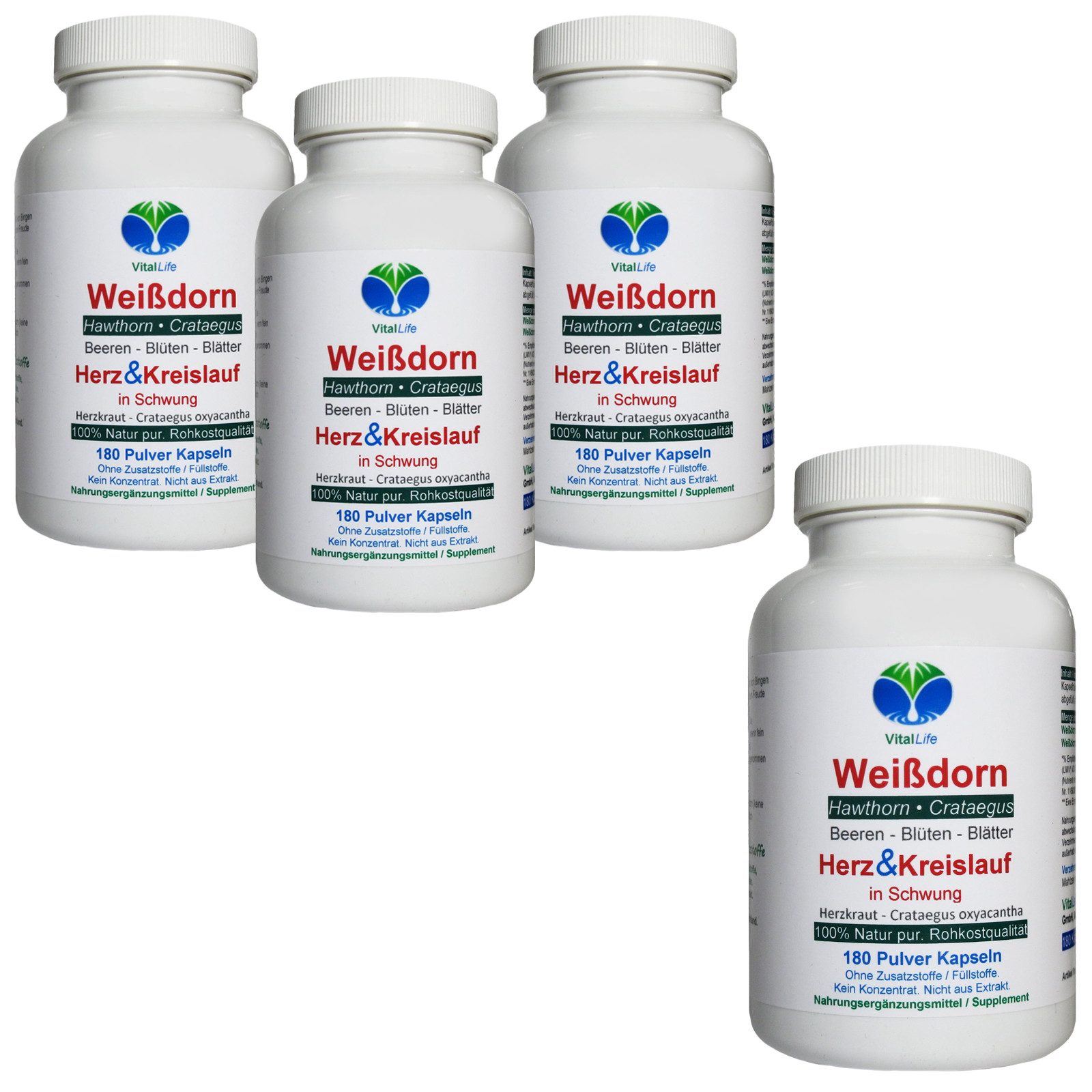 VitalLife Weissdorn Weißdorn NATUR pur Weißdornbeeren & Weißdornblätter Kapseln, 4 er Dose à 180 St., 344 g, Art. Art. 27100-720