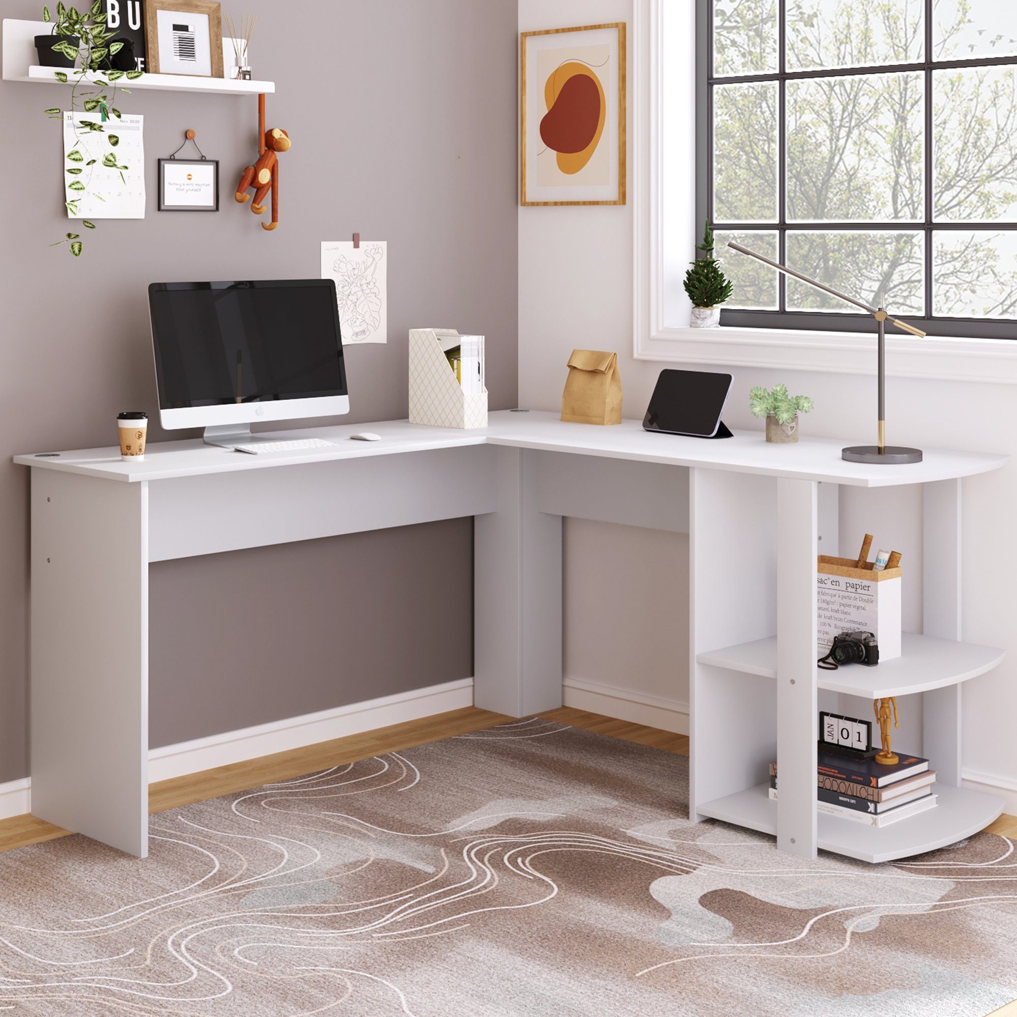 SOFTWEARY Eckschreibtisch Schreibtisch, Bürotisch, Computertisch mit 2 Ablagen, L-förmig weiß