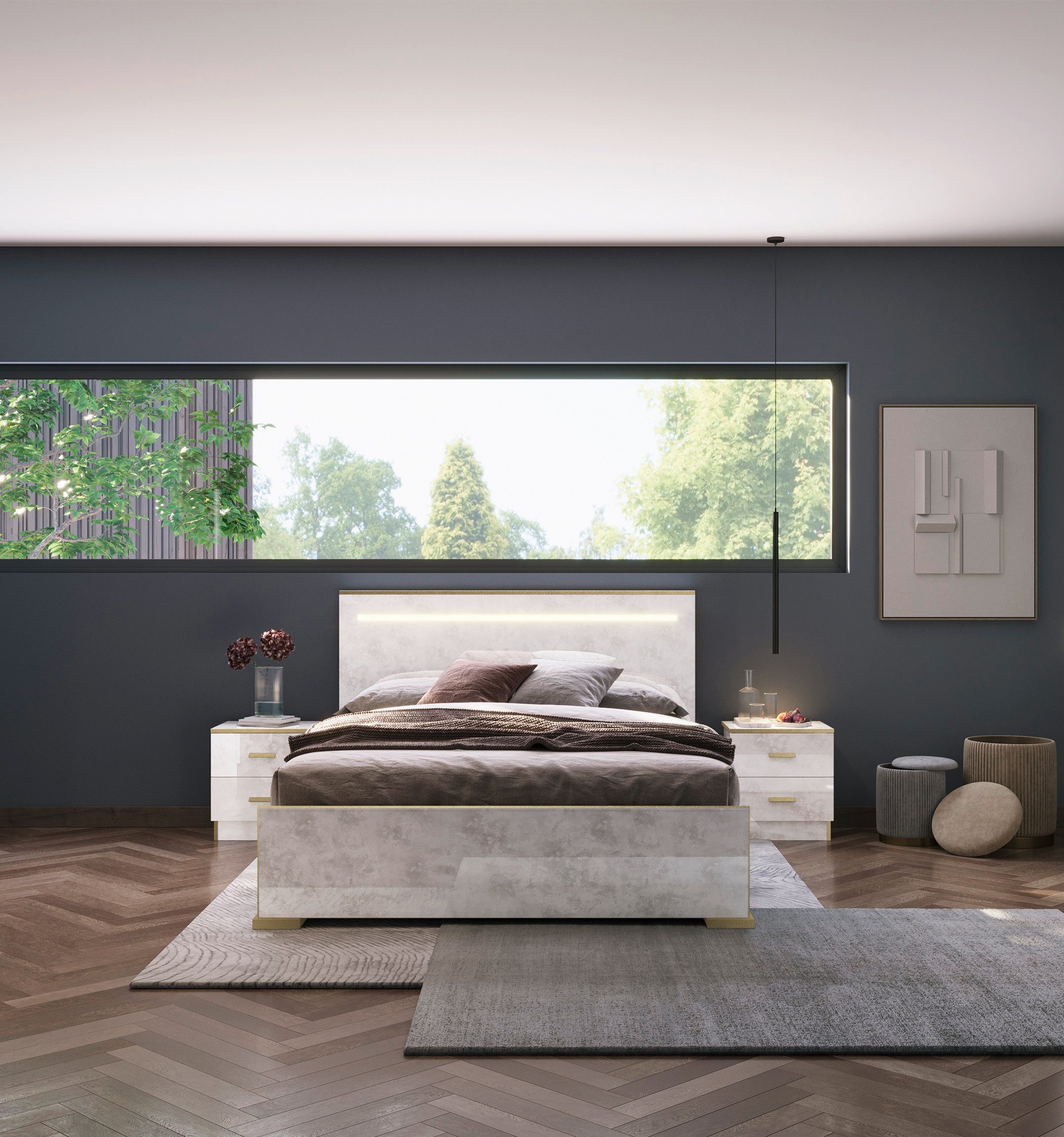 Interdesign24 Bettanlage Noemi, (3-Teilig, inkl. 2 Nachtkommoden und Bett 160 x 200 cm, in Beige/Gold Hochglanz), Made in Italy