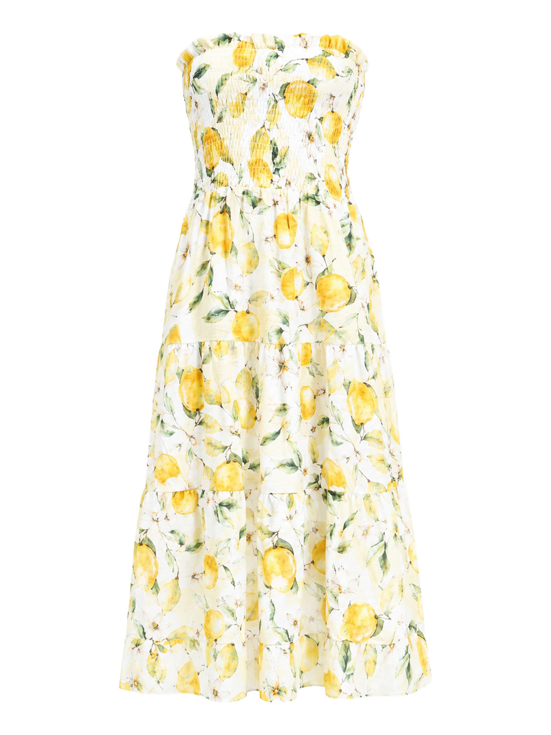 SASSYCLASSY Maxikleid Gesmoktes Musselin Bandeau Kleid Damen Luftiges Maxikleid mit Lemon-Print und fließendem Stufenrock Gelb