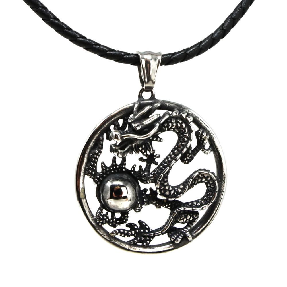 Kette mit Anhänger Lederkette Edelstahlkette 316L DRACHE AMULETT