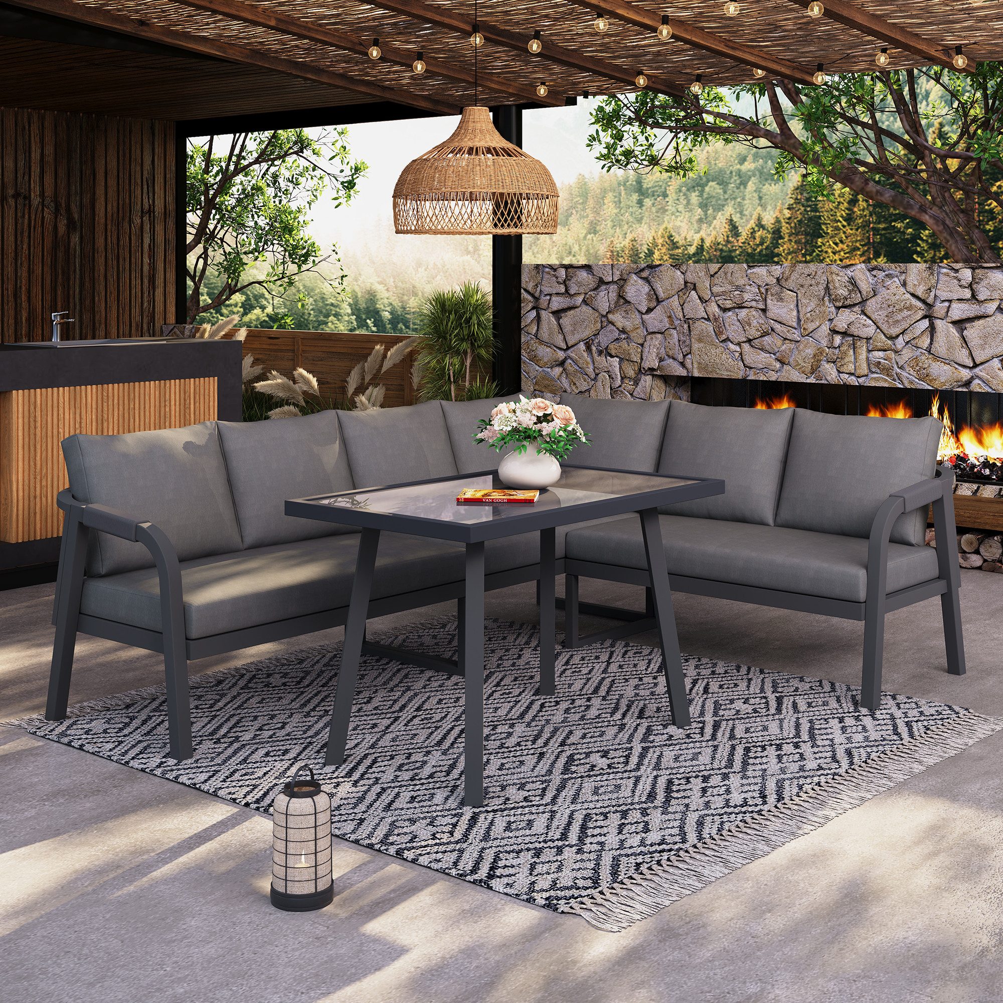 REDOM Gartenlounge-Set für 6 Personen aus Stahl grau mit Esstisch, (Set, 2-tlg., Geflochtene Arm- & Rückenlehnen, verzinkte Stahlrohre), Inklusive Ecksofa & Esstisch, wetterfest