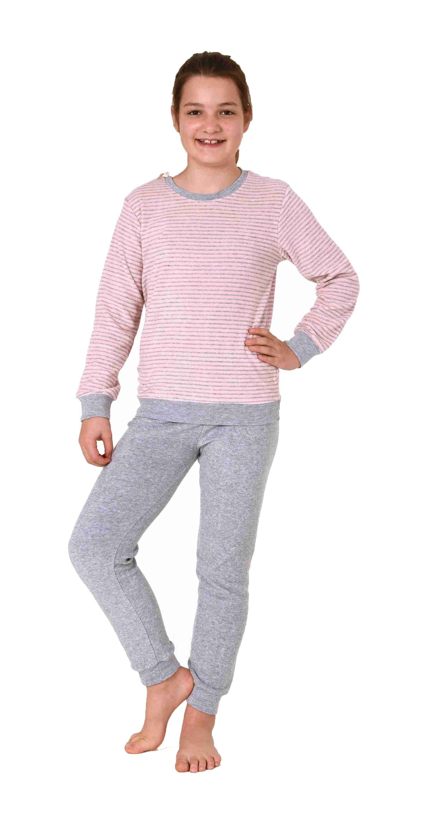 Normann Pyjama Mädchen Frottee Pyjama lang mit Bündchen Schlafanzug mit Herz Motiv Ringel klein rosa