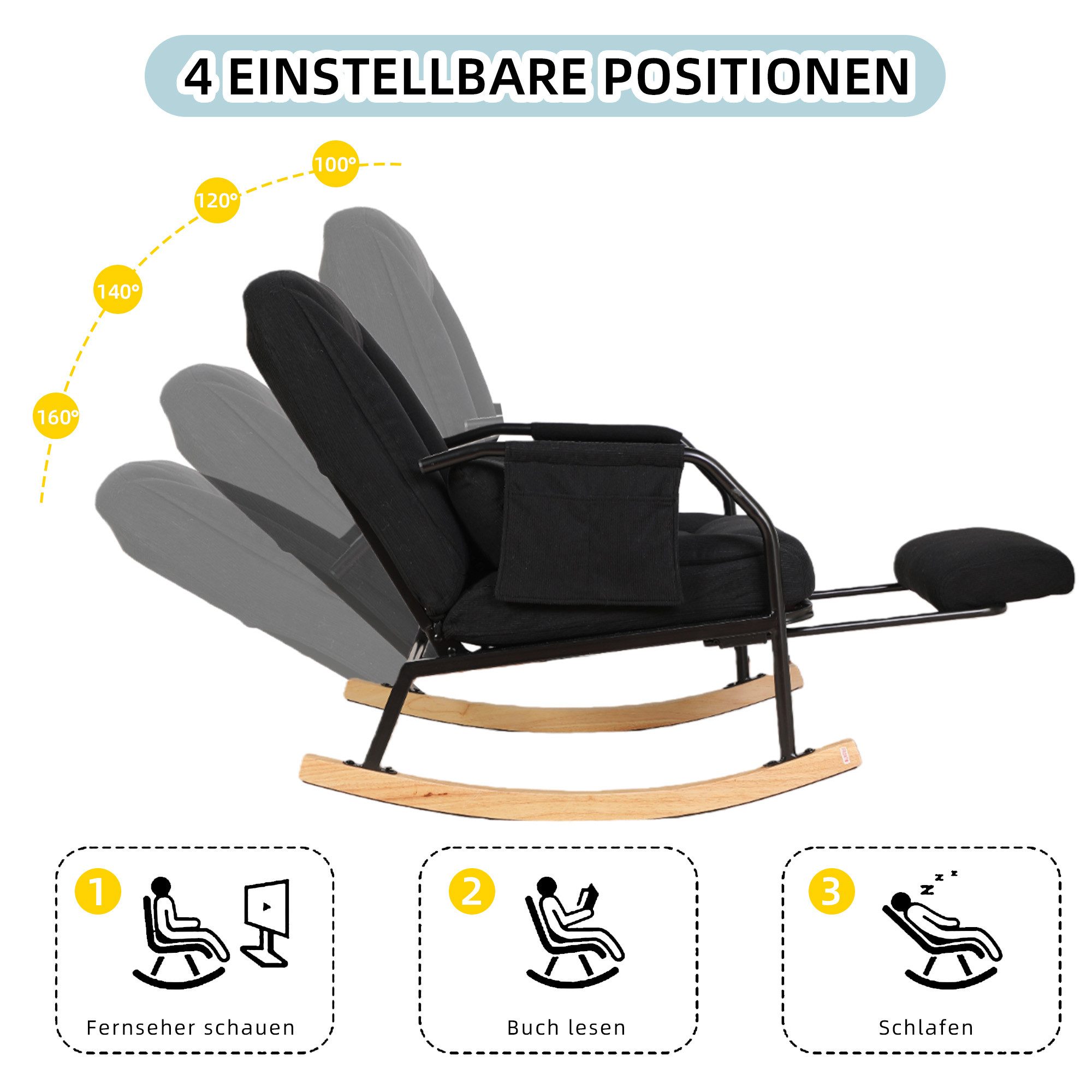 Leawin Schaukelstuhl Leawin großer Schaukelstuhl mit Liegefunktion & Fußstütze, Verstellbarer Relax-Schaukelstuhl mit breitem Sitz & Kissen