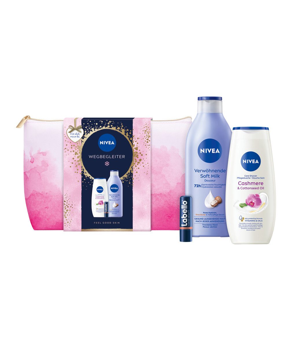 Feuchtigkeitspflege-Set Geschenkset Oil Pflegedusche Soft Milk Labello Kulturbeutel