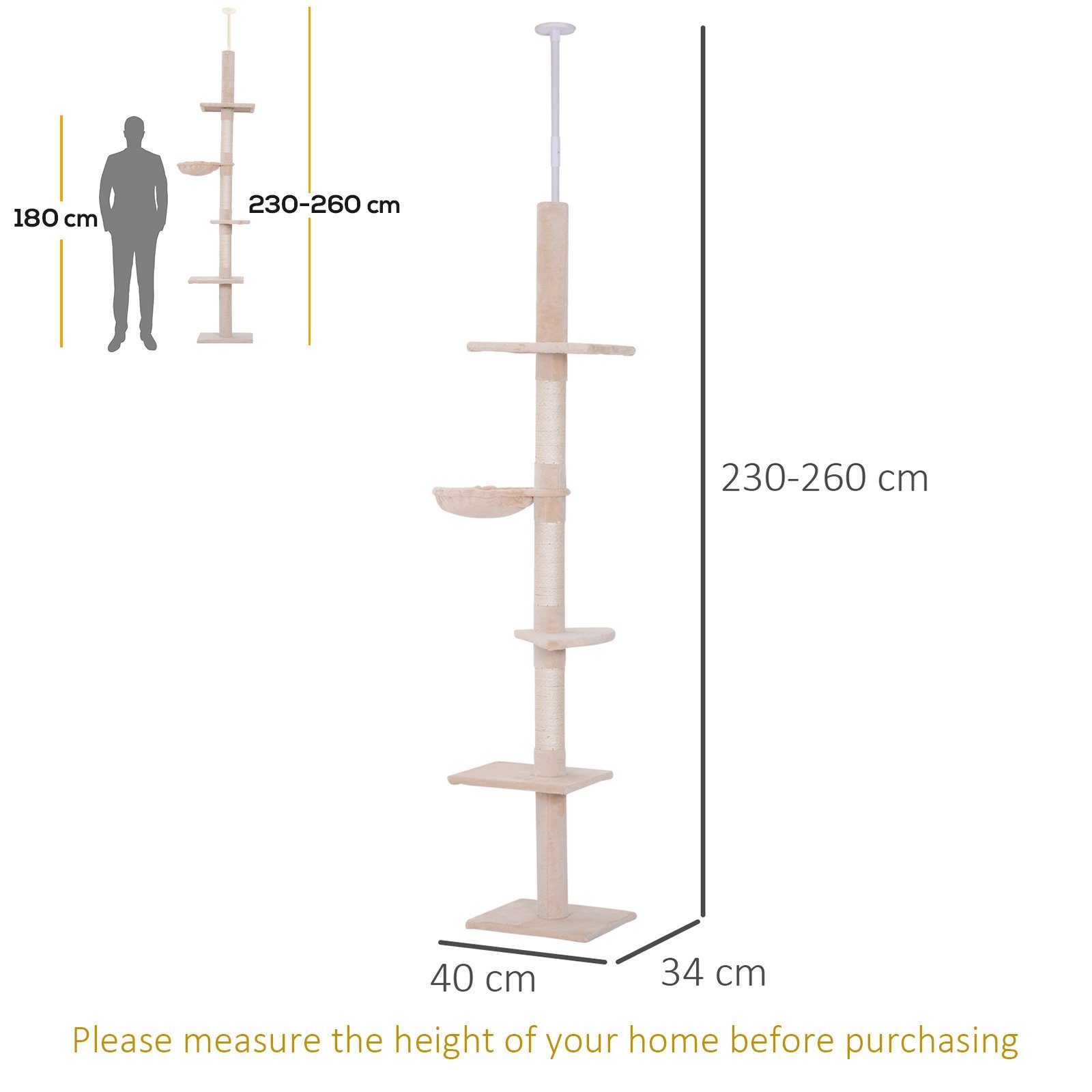 PawHut Kratzbaum Deckenhoch höhenverstellbar, Katzenbaum mit Sisalsäulen, für Garten, Balkon, Beige