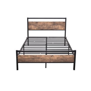 HAUSS SPLOE Metallbett Modern Metallbett Bettgestelle Einzelbett Gästebett Bettrahmen (mit braunem Vintage-Kopfteil aus Holz, einfach zu installieren), für Erwachsene und Kinder, 120*200cm, Schwarz