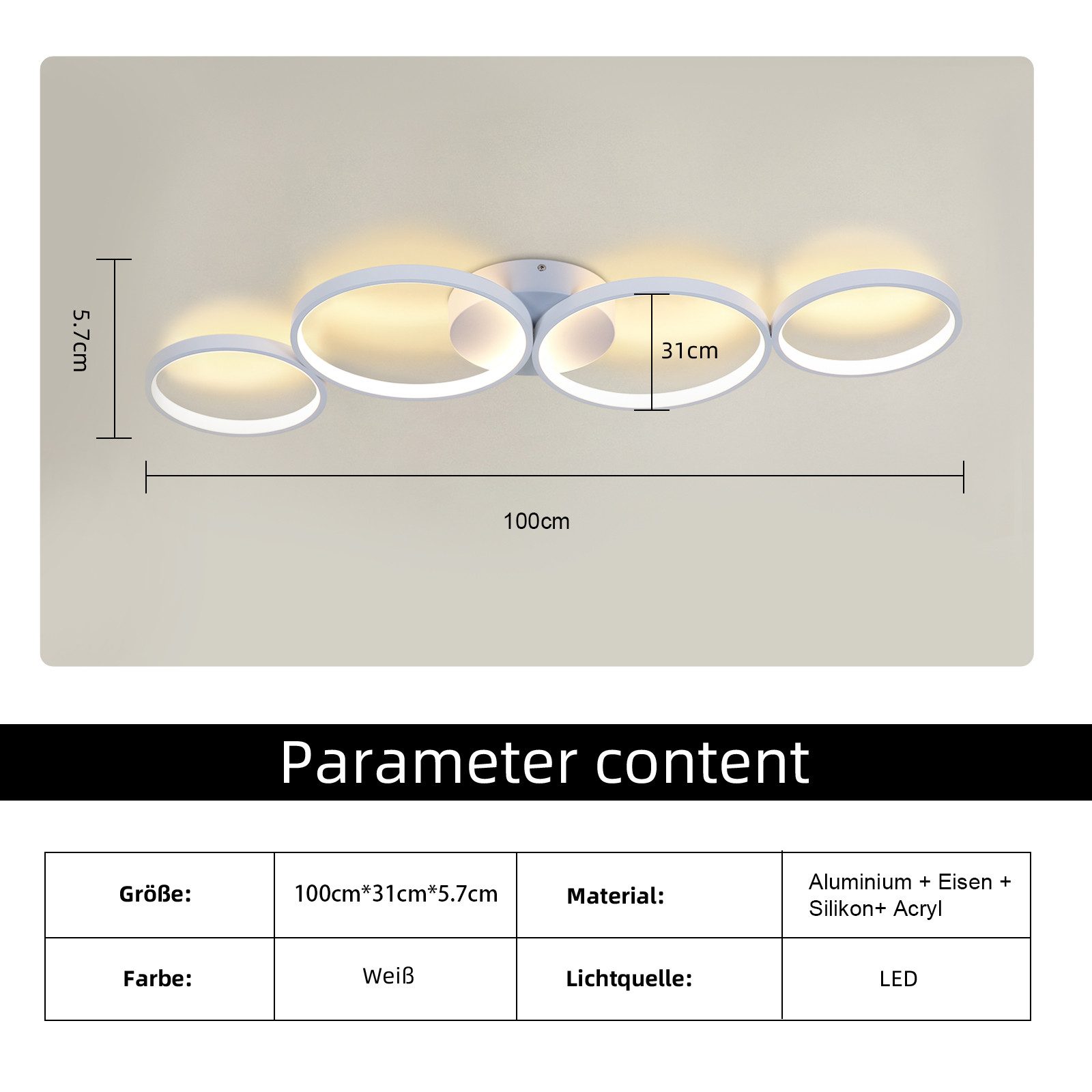 ZMH LED Deckenleuchte Wohnzimmer 4-flammig, 55W/56W, dimmbar mit Fernbedienung, 3000-6500K, Augenschutz, Einfache Installtion, Ringoptik, LED fest integriert, warmweiß-kaltweiß