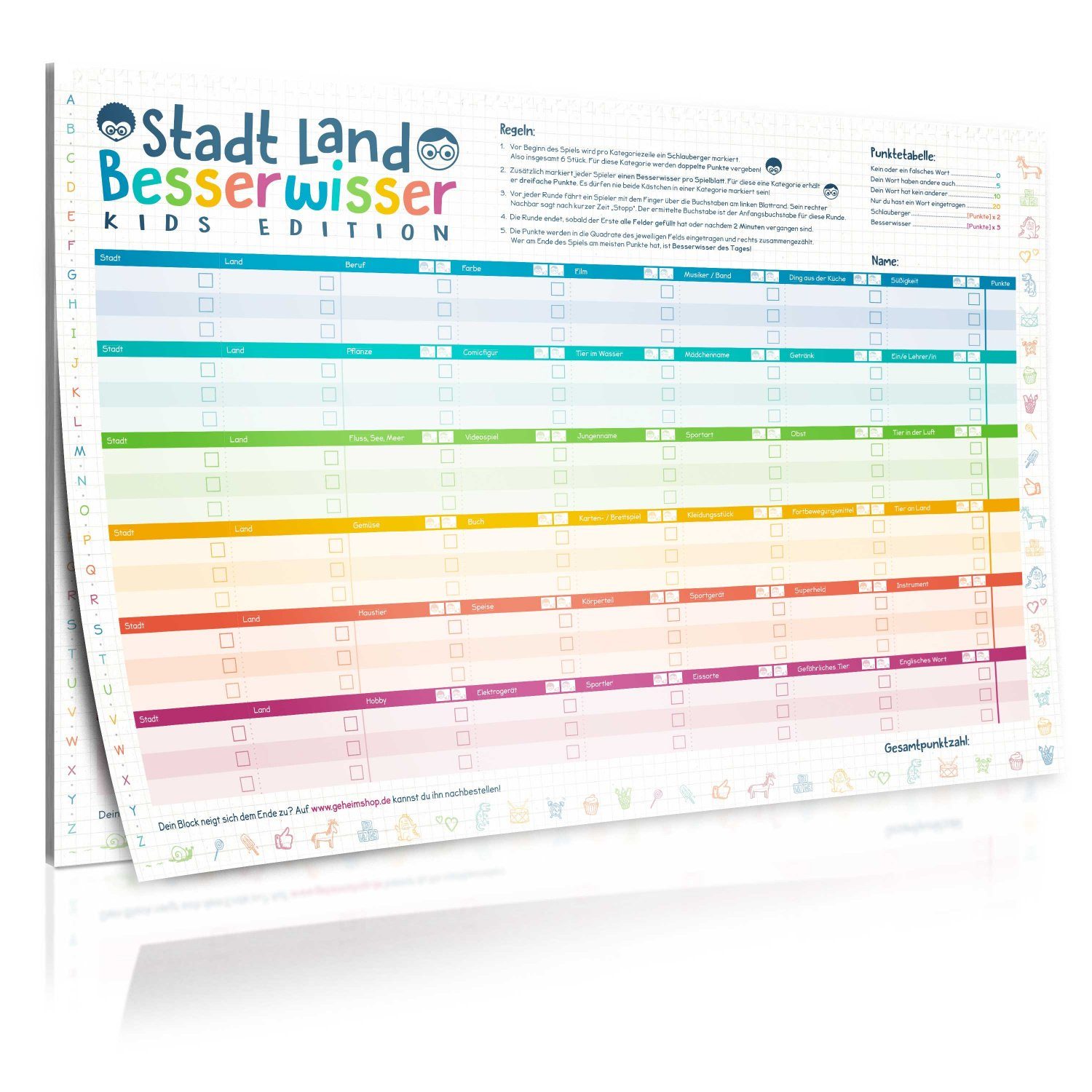 Goods+Gadgets Spiel Stadt Land Besserwisser Kids – DIN A3 Spieleblock mit 39 Kategorien, Stadt, Land, Besserwisser Kids, XXL Neuauflage mit 38 Kategorien