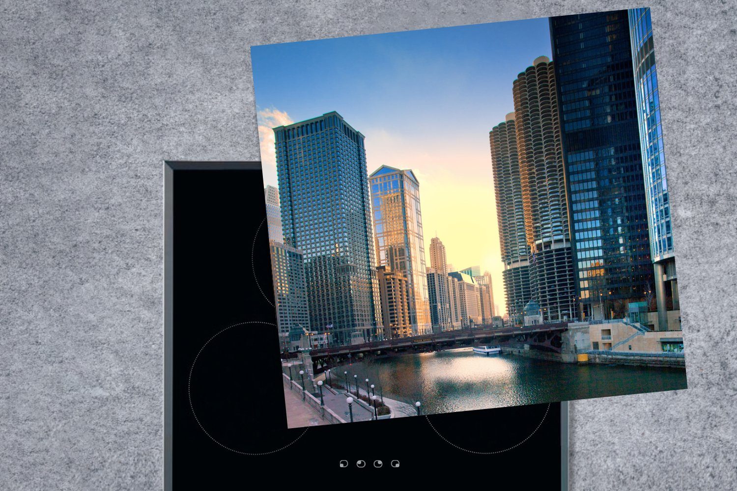 cm, Sonnenuntergang MuchoWow - (1 Architektur, Chicago 78x78 Ceranfeldabdeckung, tlg), - Vinyl, für Herdblende-/Abdeckplatte küche Arbeitsplatte