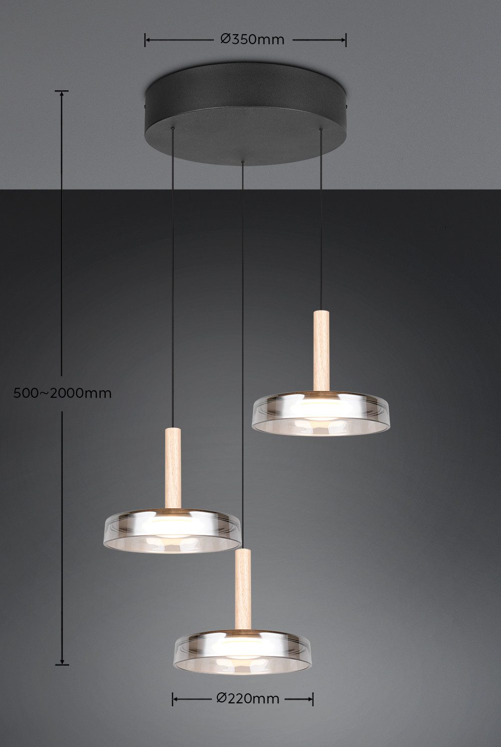 TRIO Leuchten LED Pendelleuchte CELESTE dimmbare LED Hängelampe aus Metall Glas & Holz, 7,5W 750 Lumen, Dimmfunktion, LED fest integriert, Warmweiß, 3-flammig einfach höhenverstellbar von 50-200 cm 3-Stufen Dimmfunktion