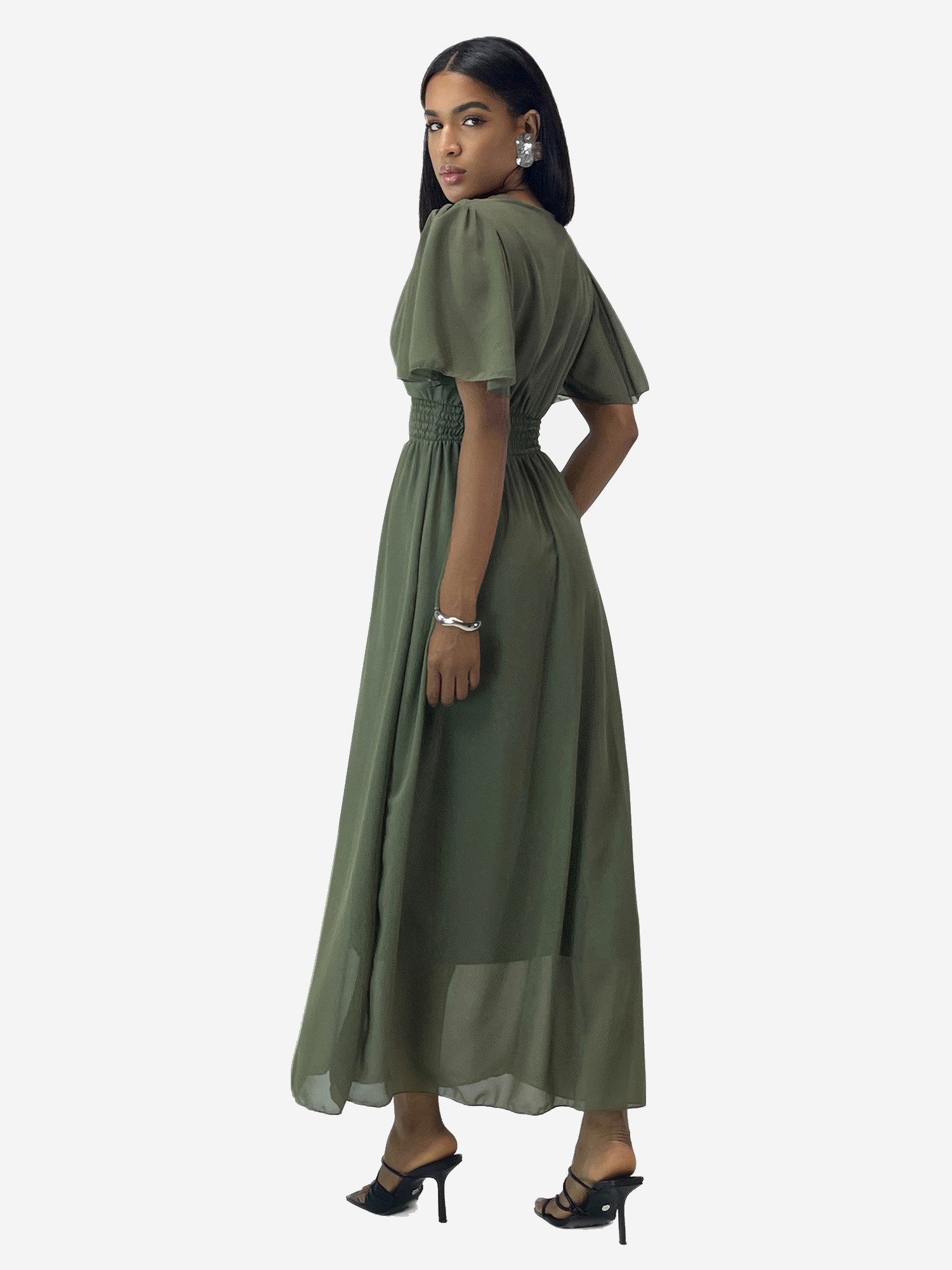 Elara Maxikleid — Damen Sommerkleid mit Wickeloptik, Smoktaille & Flügelärmeln (1-tlg) – Bild 2 von 5