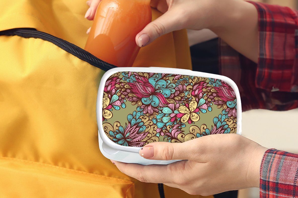 für Muster Lunchbox für Mädchen und Brotbox Brotdose, Jungs MuchoWow - (2-tlg), Kinder Kunststoff, Abstrakt, - weiß und Erwachsene, Blätter