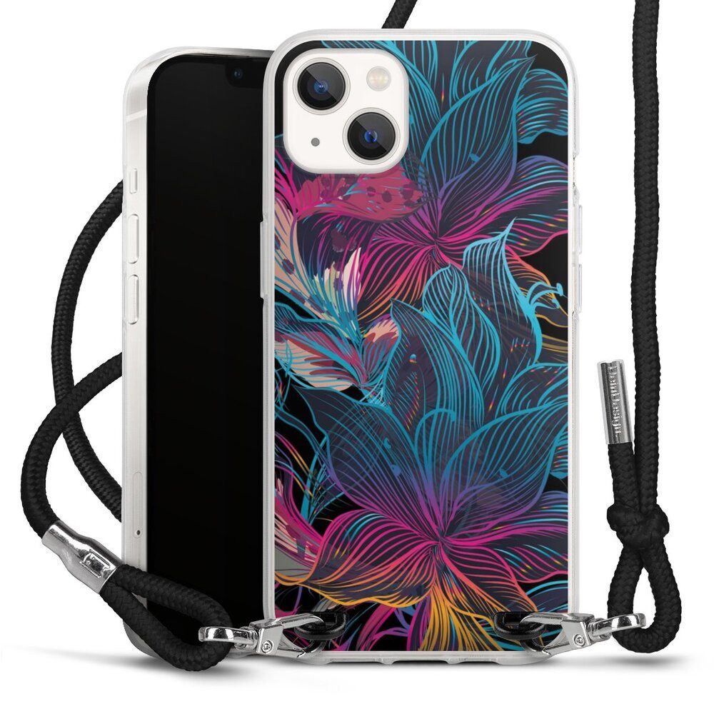 DeinDesign Handyhülle Neon Blumen bunt Neon Flower Power, Apple iPhone 13 Handykette Hülle mit Band Case zum Umhängen