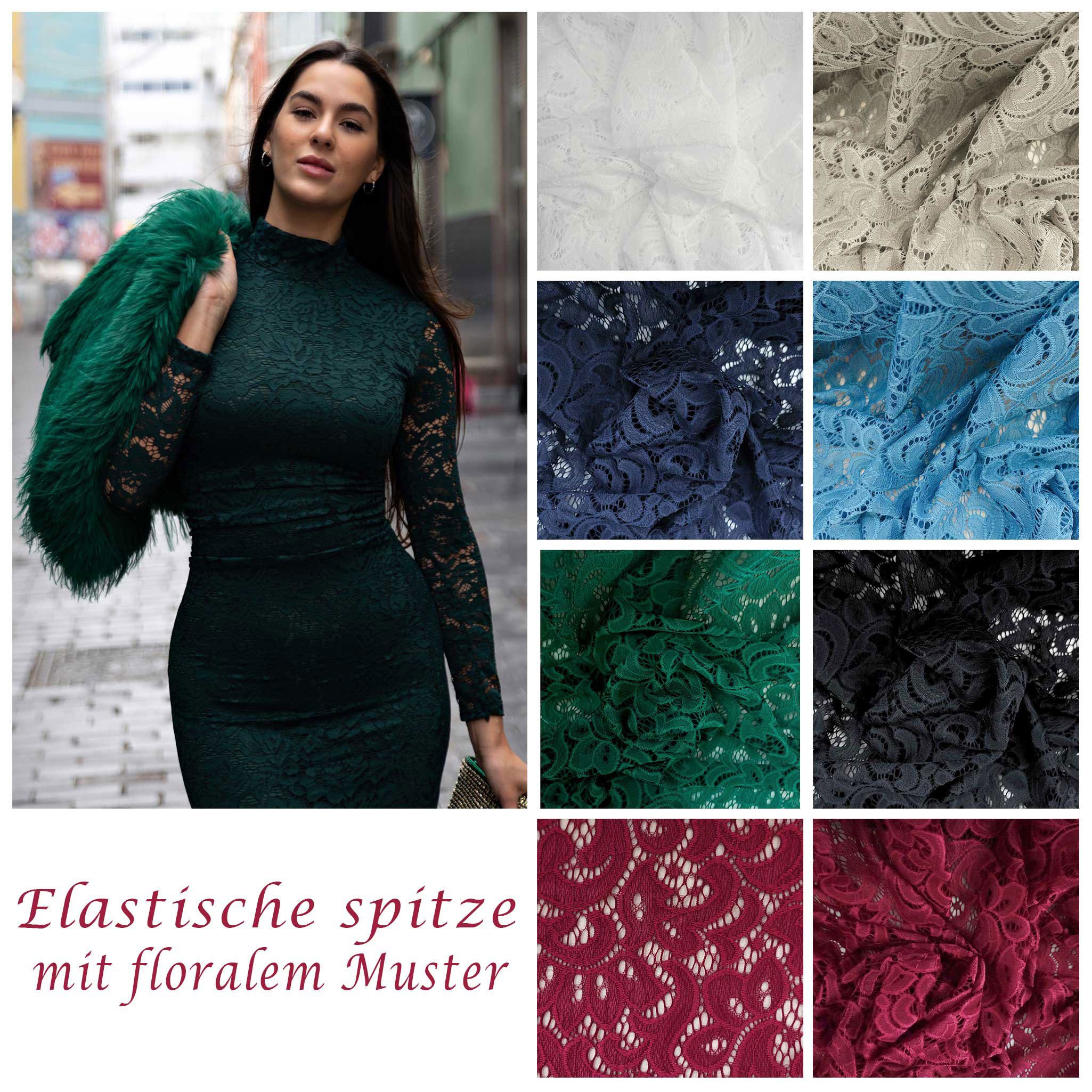 maDDma Stoff Spitze elastisch 145cm breit ab 1m Spitzenstoff Stoff Nylon, weinrot
