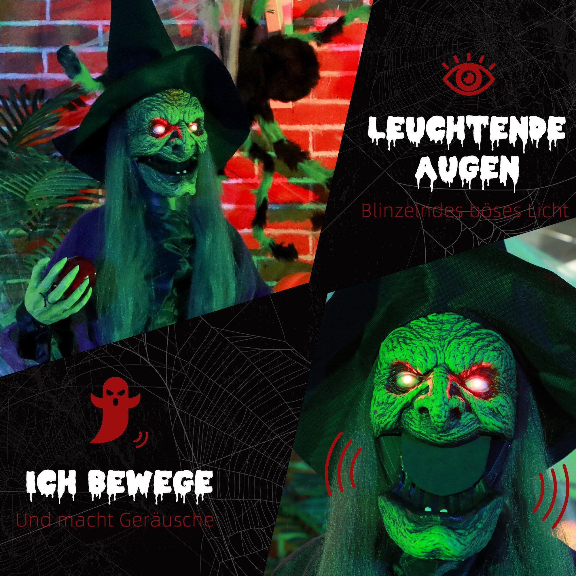 HOMCOM Dekofigur Halloween Hexe mit Leuchtenden Augen gruseligem Sound Deko (Halloween-Hexe mit Giftapfel, 1 St., Halloween Dekoration), in Lebensgröße für Part – Bild 5 von 5