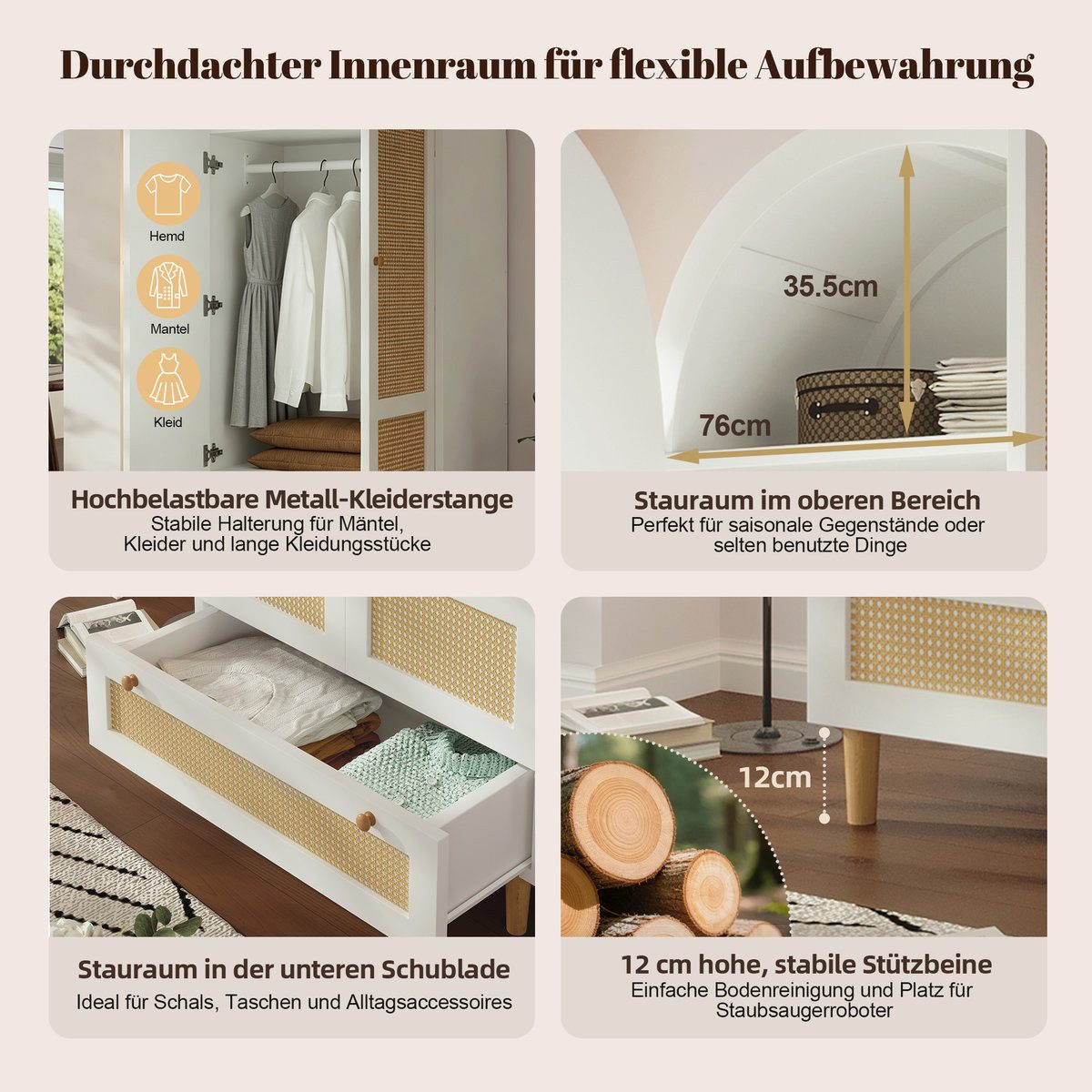 Odikalo Kleiderschrank EckKleiderschrank Drehtürenschrank mit Kleiderstange und Schublade (80x50x180 cm aus Holz in Rattan-Optik, Schrank in Weiß mit Bogen-Desi – Bild 3 von 5