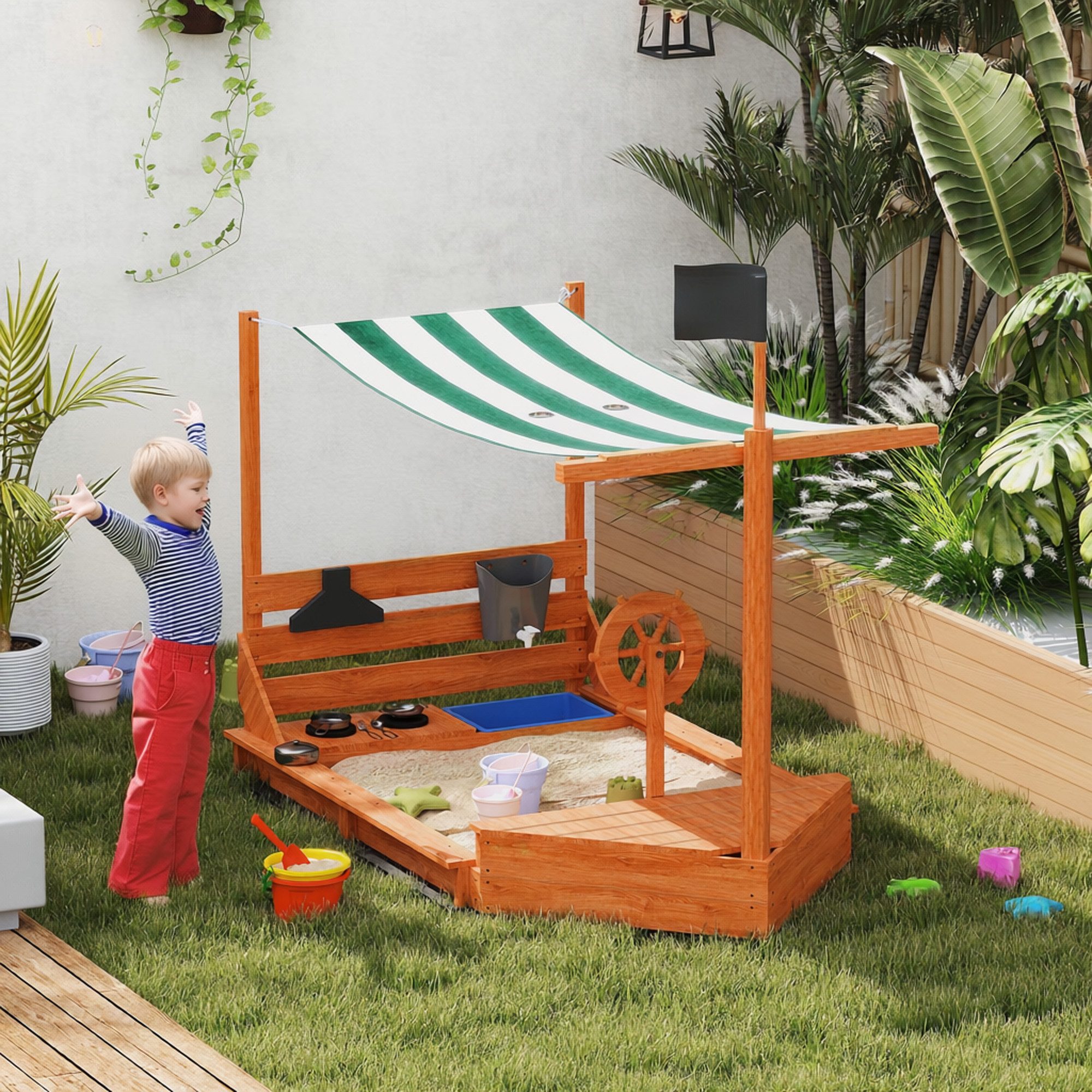 Outsunny Sandkasten Kinder Sandbox mit Abdeckung Sandkiste mit Sitzbänken für Outdoor, (Matschekiste aus Holz, 1-tlg., Segelschiff Spielhaus mit Küchenspielset), für Kinder 3-7 Jahre, Grün