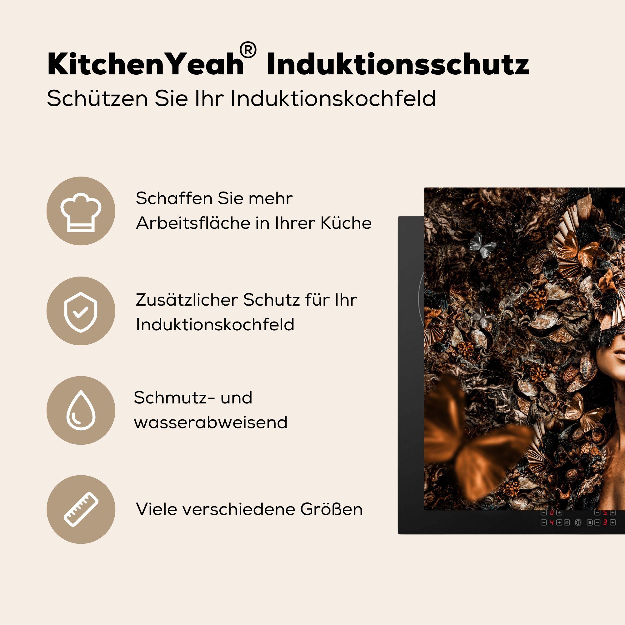 MuchoWow Herdblende-/Abdeckplatte Luxus - Pflanzen Ceranfeldabdeckung für - Vinyl, cm, Frau, (1 die Schutz Induktionskochfeld küche, 71x52 tlg)