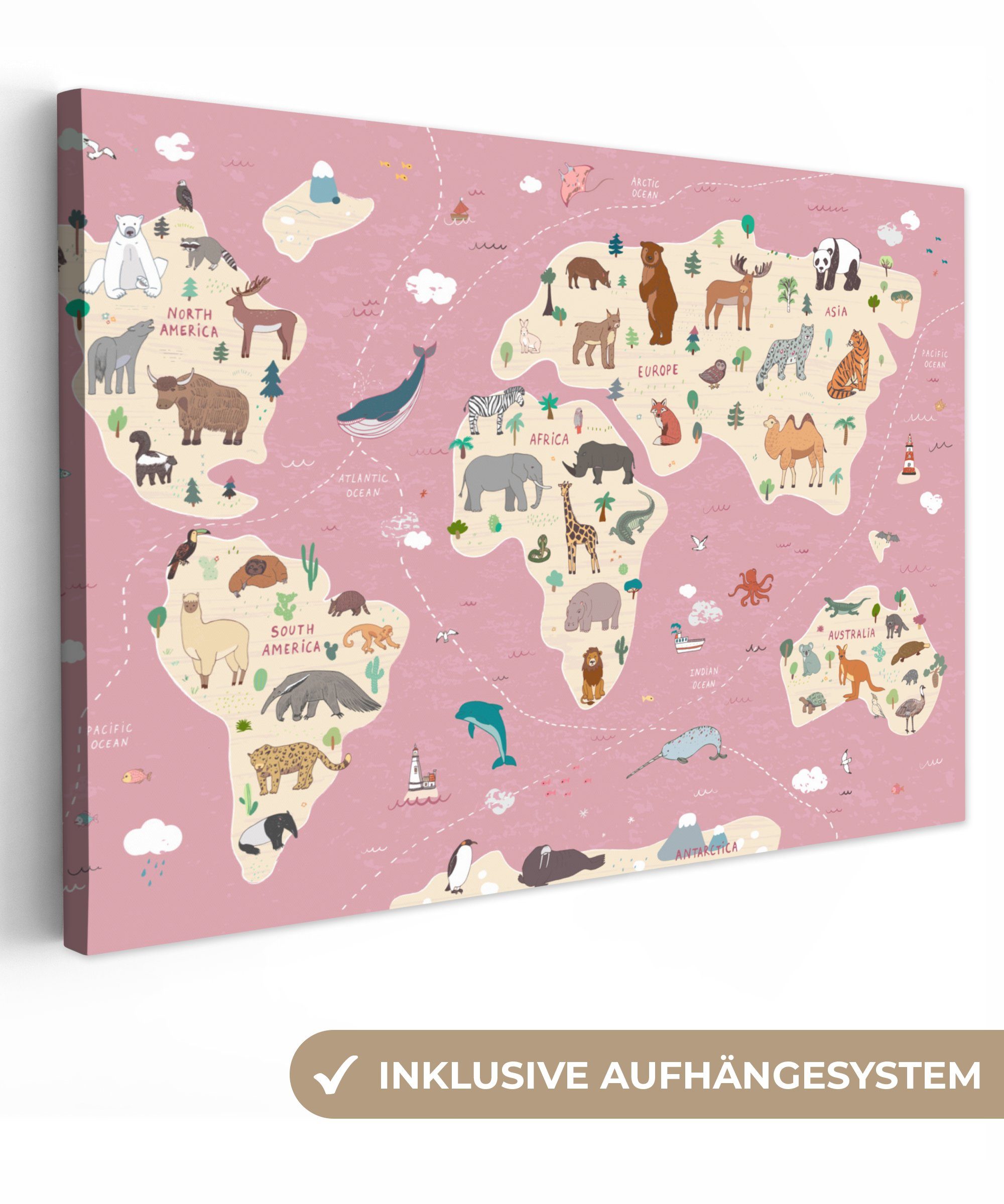 OneMillionCanvasses® Leinwandbild Weltkarte Kinder - Tiere günstig online kaufen
