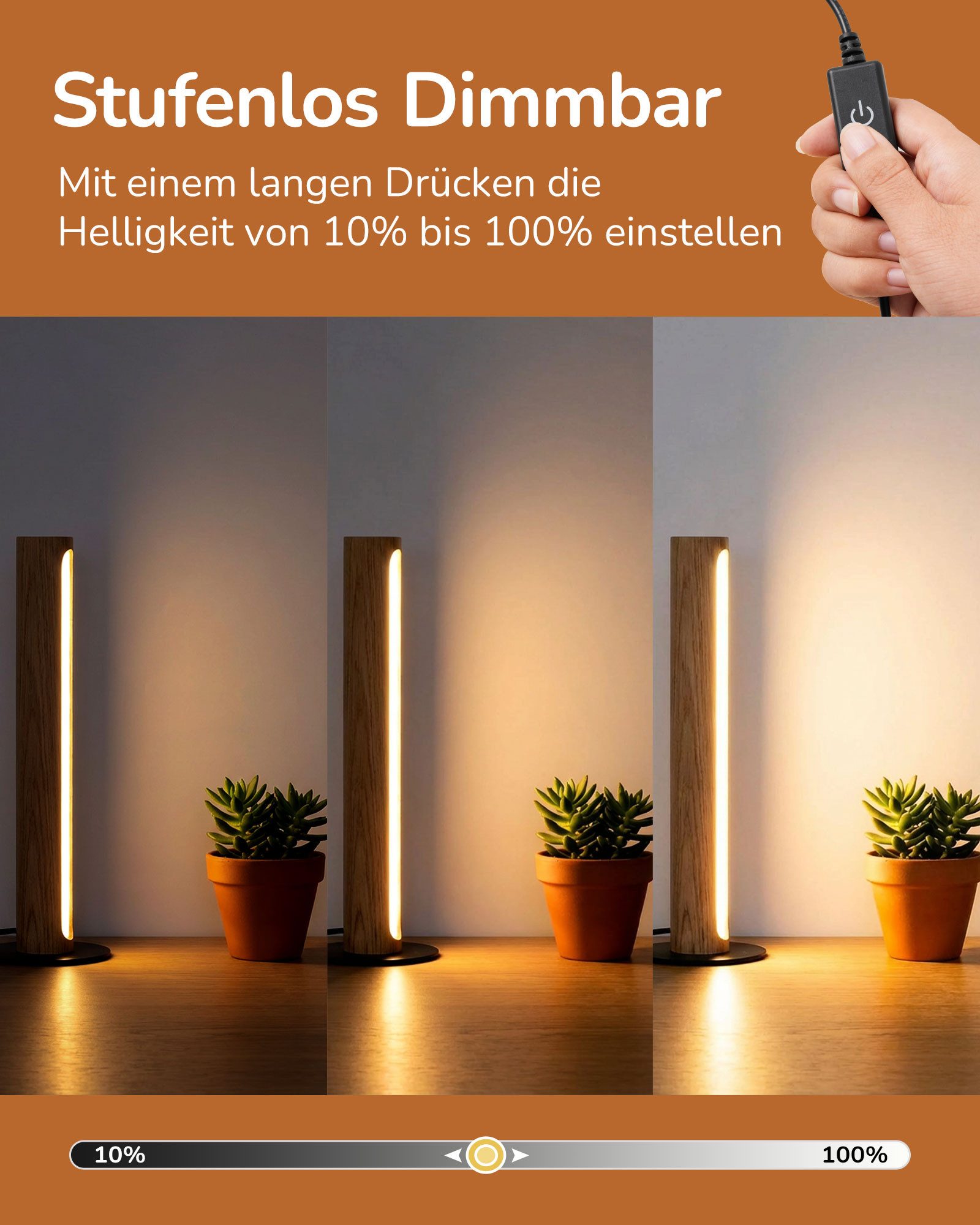 EDISHINE LED Nachttischlampe Säulenlampe aus Holz, dekoholz, LED fest integriert, 3000K-4500K-6000K, Touch Dimmbar, Höhe 27cm – Bild 4 von 5