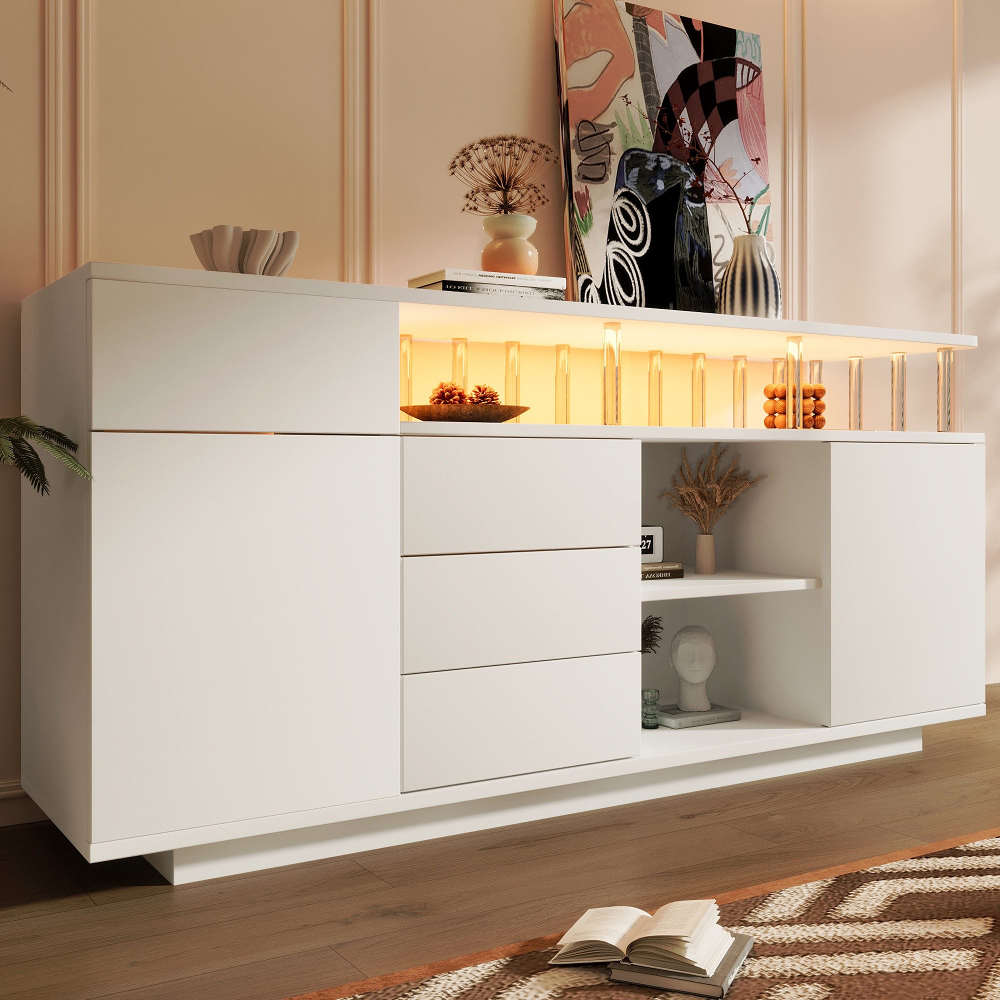 Flieks Kommode Sideboard mit LED-Beleuchtung, Acryl-Stützen und Schubladen (160x40x75 cm, 1 St., Multifunktionsschrank für Wohnzimmer, Schlafzimmer, Esszimmer), Mehrzweckschrank mit verstellbaren Einlegeböden Anrichte Weiß