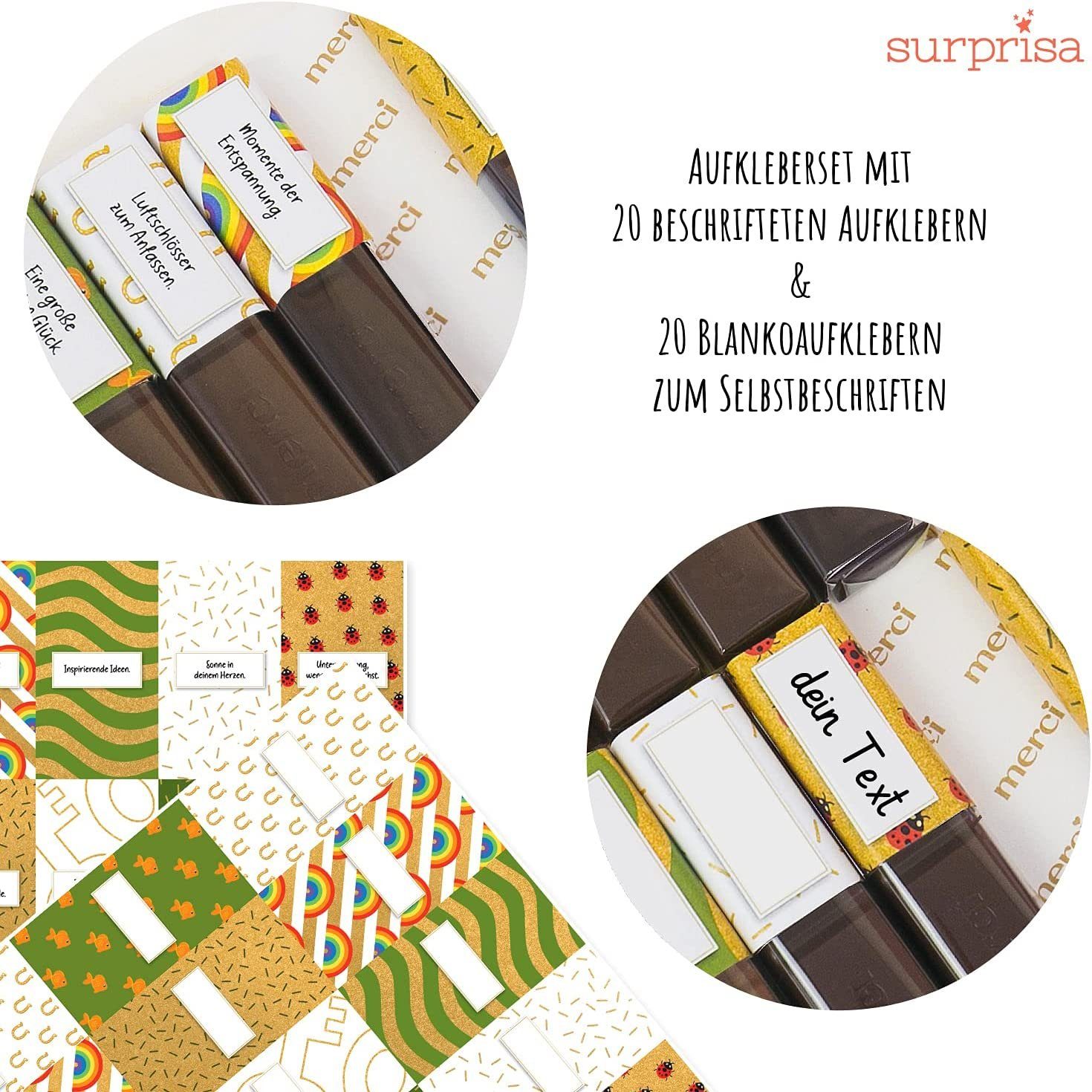 SURPRISA Aufkleber Aufkleber Set personalisierte Sticker für Merci Schokolade, individuelles Geschenk, 20 gute Wünsche zum Neustart