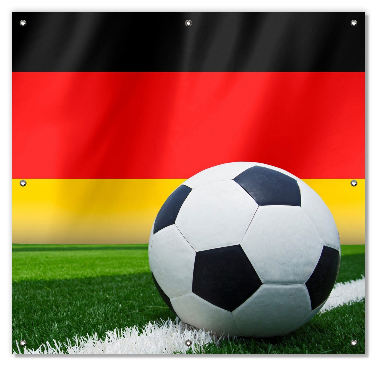 Sonnenschutz Fußball vor einer Deutschlandflagge, Wallario, blickdicht, mit Saugnäpfen, wiederablösbar und wiederverwendbar