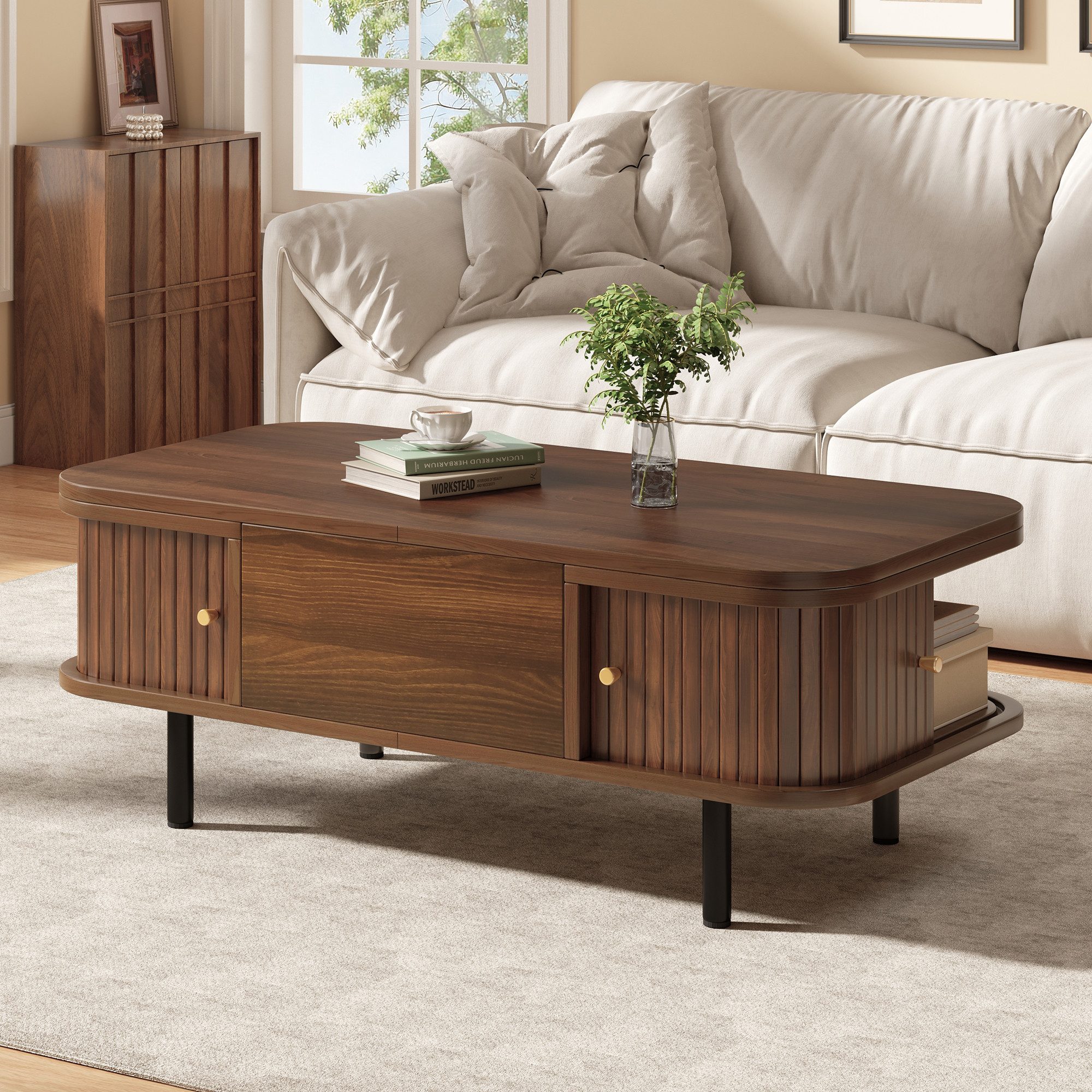 KLAM HOME Couchtisch Couchtisch höhenverstellbar 101cm mit 2 Rollläden für Wohnzimmer (Sofatisch mit hydraulischer Höhenverstellung, 2-in-1 …