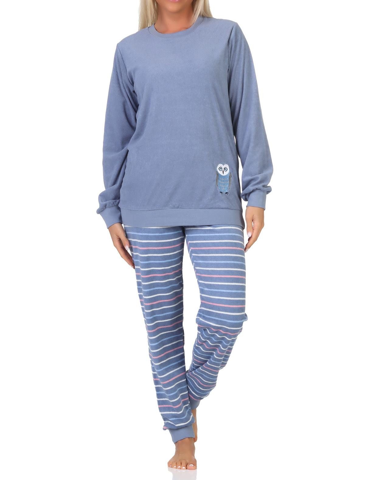 Pyjama Normann Damen langarm Frottee Schlafanzug mit Bündchen und Tiermotiv
