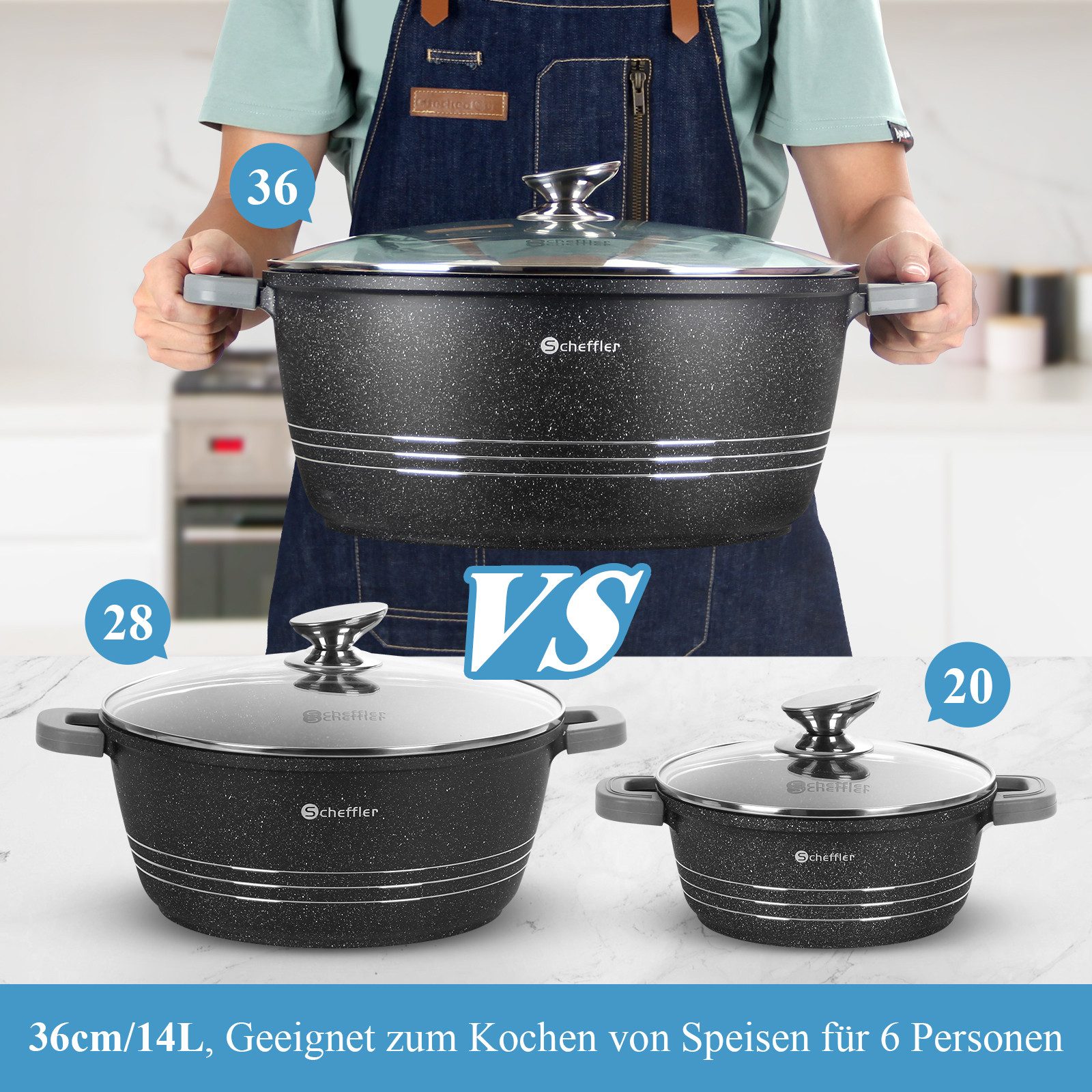 Scheffler Topf-Set 6-tlg Kochtopf Set Induktions Servierpfanne Antihaftbeschichtung, Aluminium (Topf), mit Glasdeckel