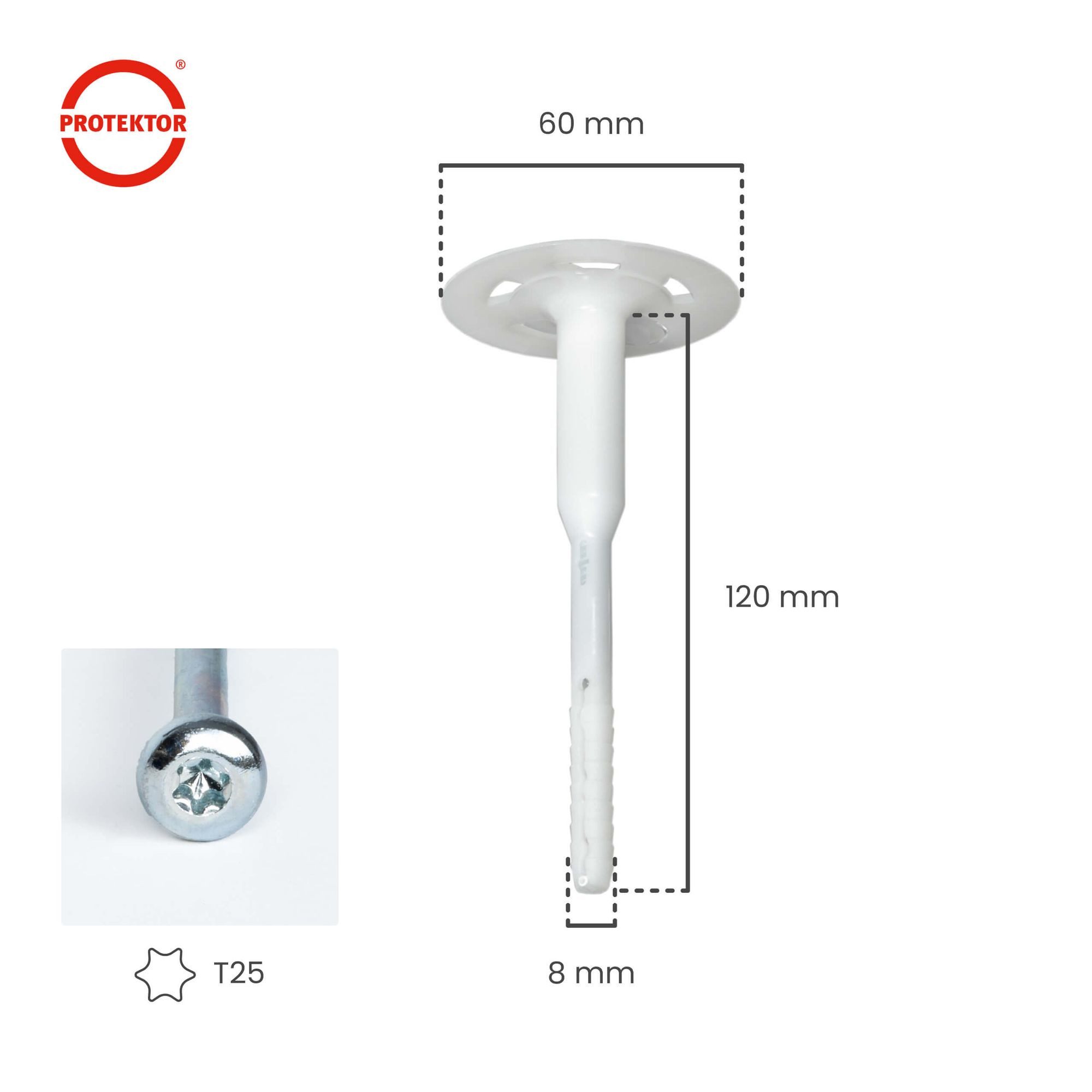 PROTEKTOR Schrauben- und Dübel-Set Dämmstoff-Schraubdübel Ø8mm mit verzinkter Stahlschraube, (PROTEKTOR 200x Dämmstoff-Schraubdübel Ø8x120mm, 200 St., WDVS Dübel für Fassadendämmung)