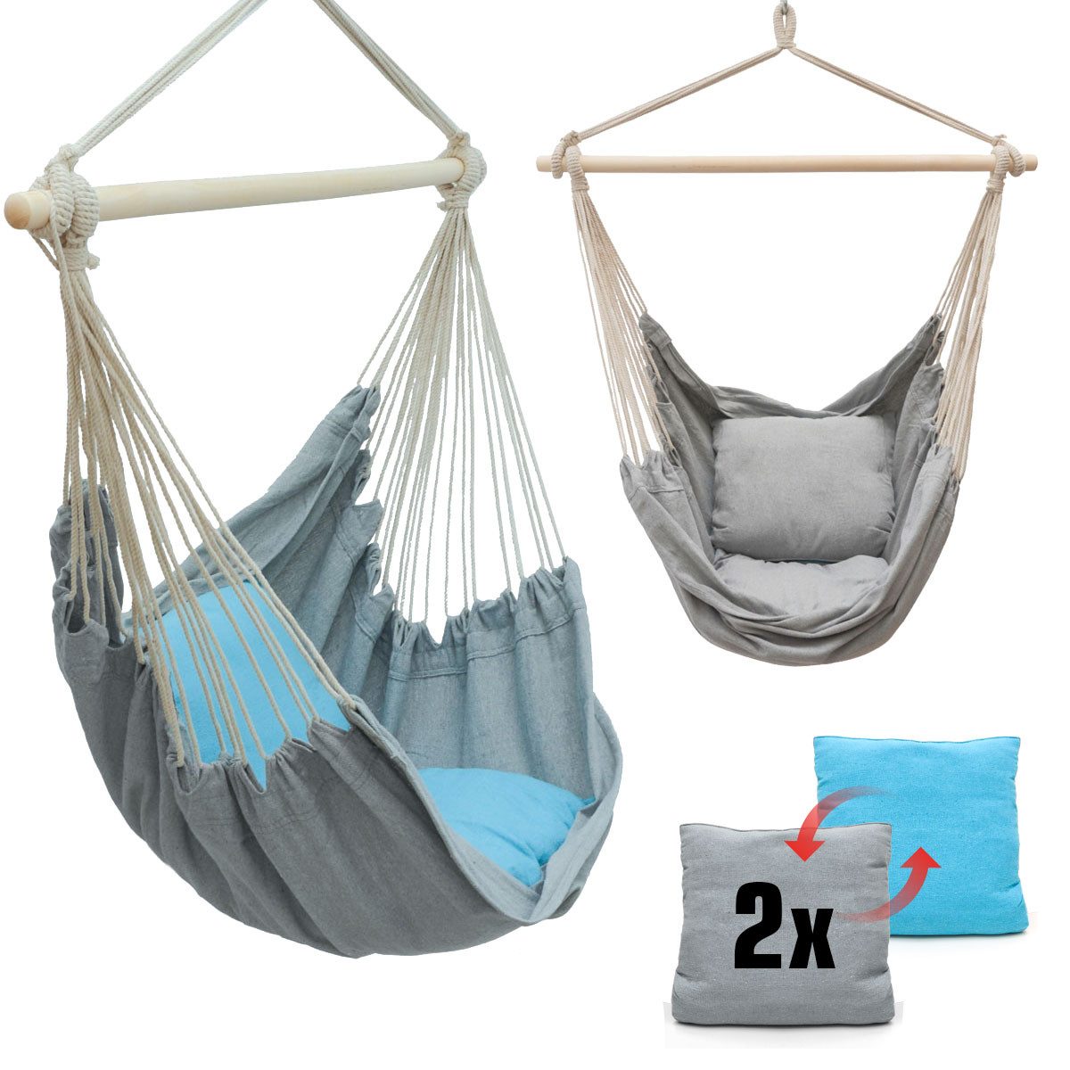 AMANKA Hängestuhl mit 2 Kissen - Outdoor Hängesessel bis 120 kg für Garten und Balkon, 130 x 95 cm Hängesitz für Kinder und Erwachsene - Indoor Relaxsessel