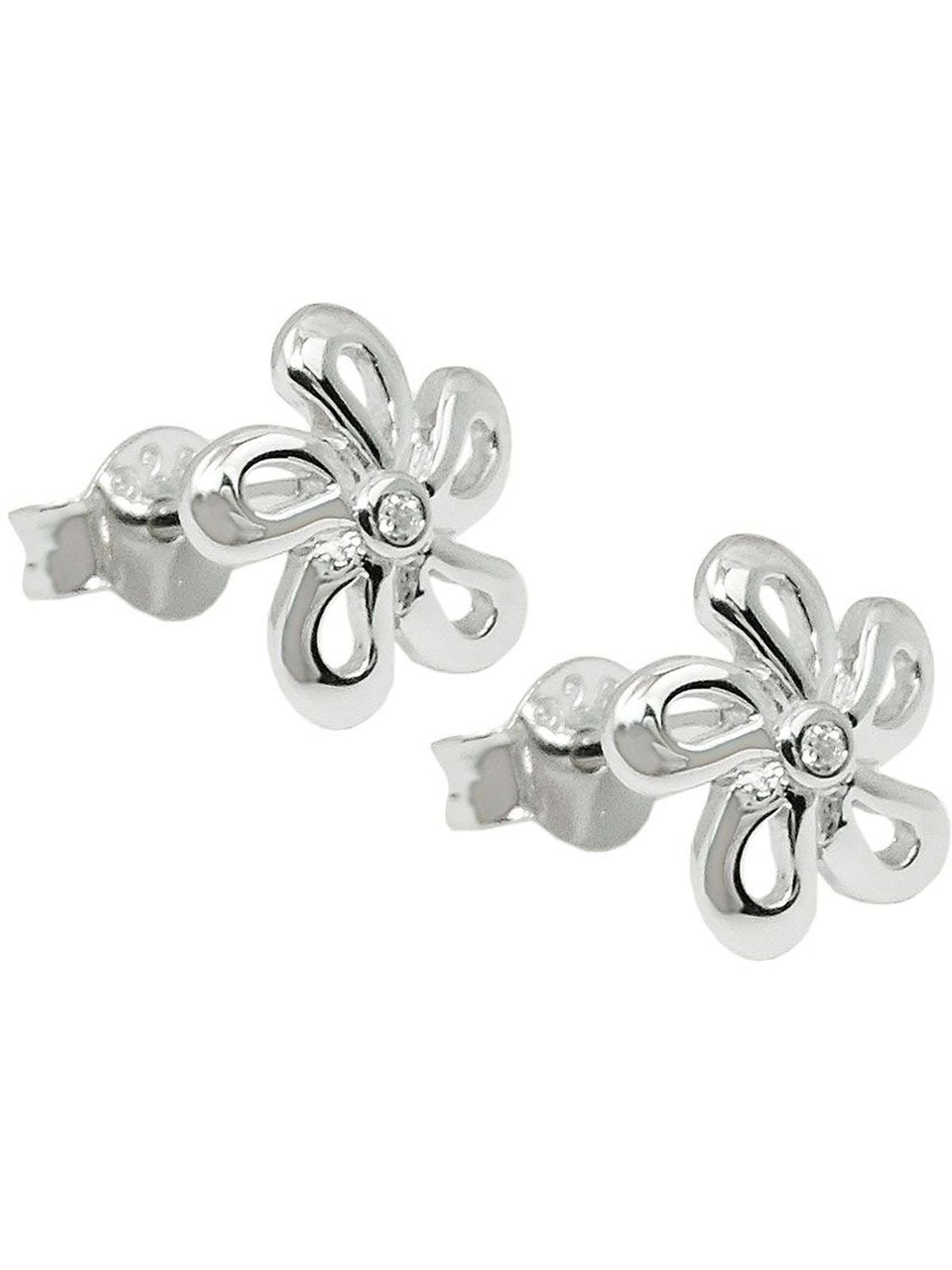 Ohrstecker Ohrring Zirkonia 9mm rhodiniert Paar Silber (1-tlg) Gallay Blume glänzend weiß 925