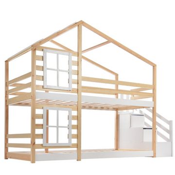 Sweiko Etagenbett, Kinderbett, Hochbett mit Fenster und 2 Stauraumtreppen, 90*200 cm