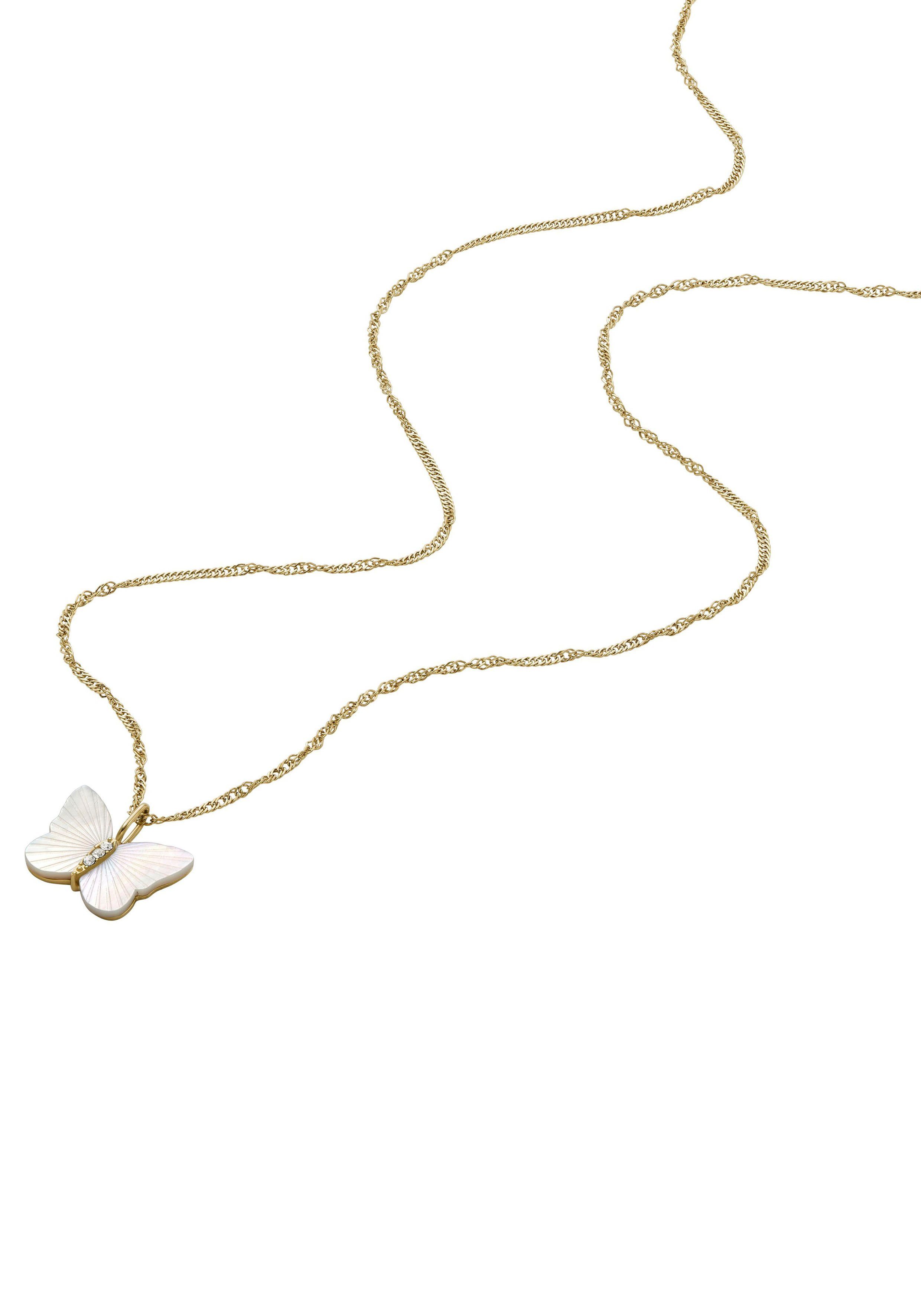 Fossil Kette mit Anhänger Schmuck Geschenk Edelstahl Halskette JEWELRY Schmetterling, mit Zirkonia (synth) - mit Perlmutt