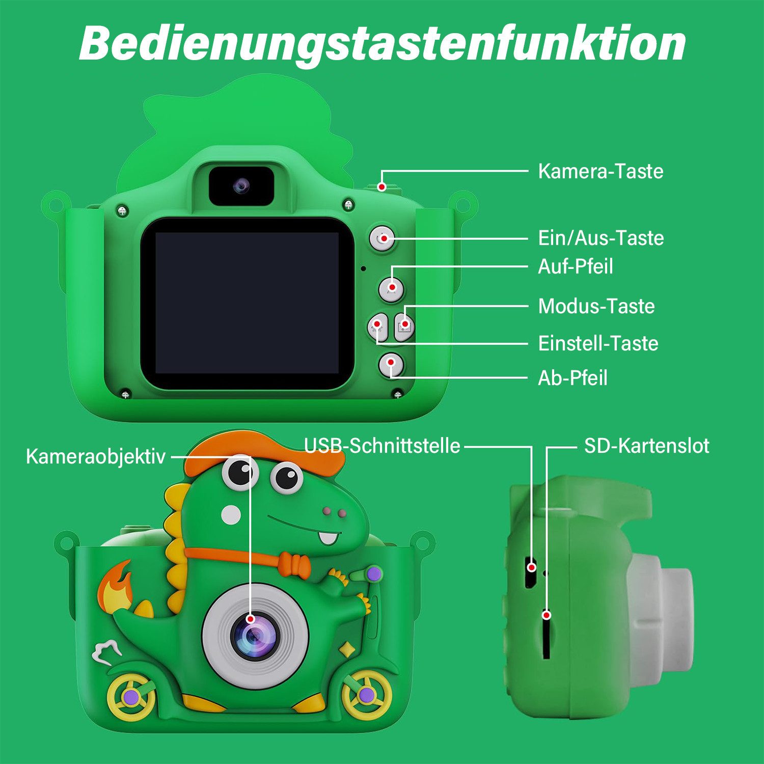 MOPUEA Fotokamera 2" Display 1080P Digitalkamera Dinosaurier 32G Karte Outdoor-Kamera (Mini-kamera enthält 5 Klassische Spiele, 10 Spiegeleffekte)