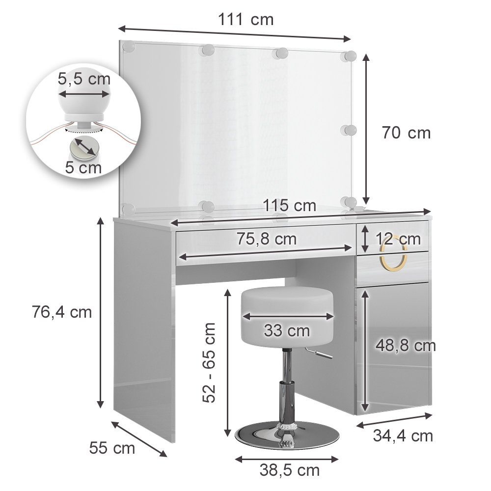 Vicco Schminktisch Adela, Weiß Hochglanz, 115 cm mit LED Beleuchtung und Hocker (3-St)