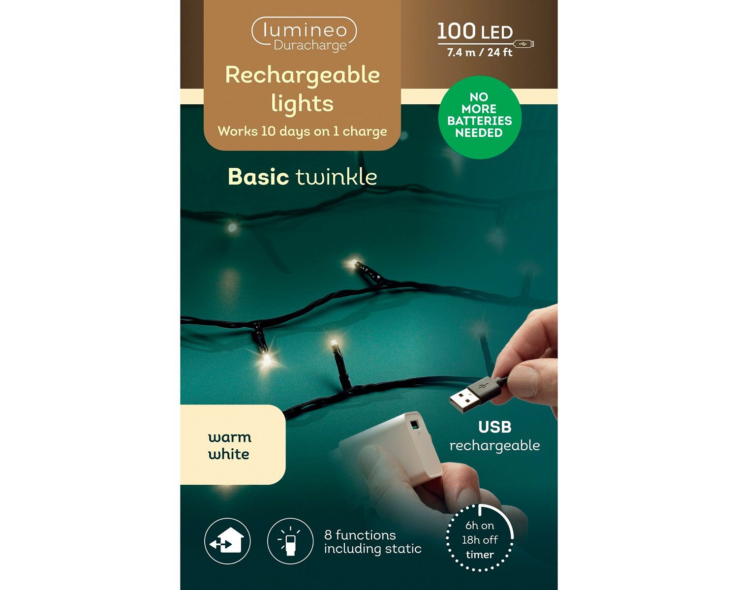 Lumineo LED-Lichterkette Lumineo, USB Lichterkette BASIC Twinkle, 100 LED 7,4 m, warm weiß, Indoor/Outdoor, 8 Funktionen, 6h-Timer, wiederaufladbar