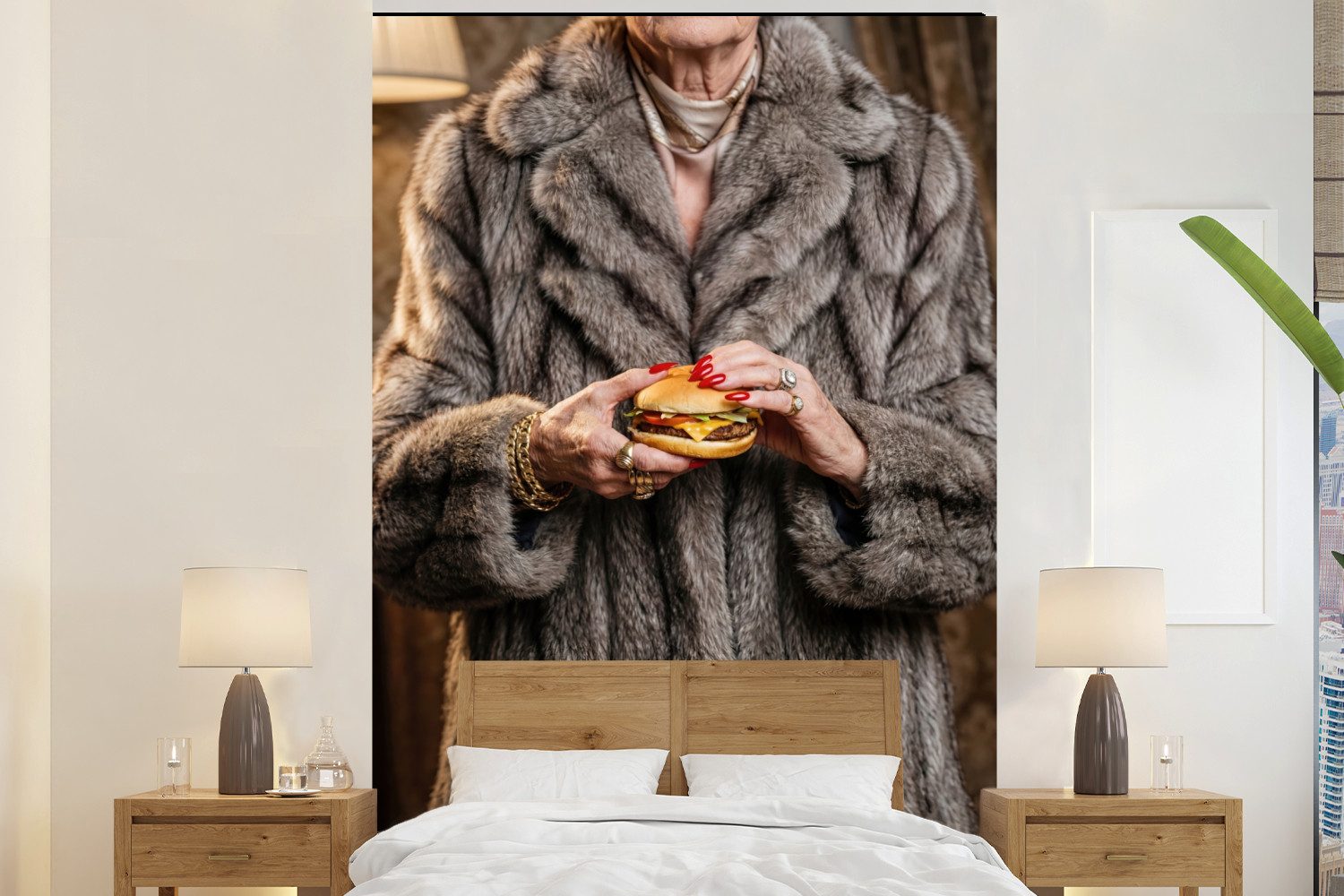 MuchoWow Fototapete Frau - Hamburger - Pelzmantel, Matt, bedruckt, Montagefertig Vinyl Tapete, Wandtapete, 195x300 cm
