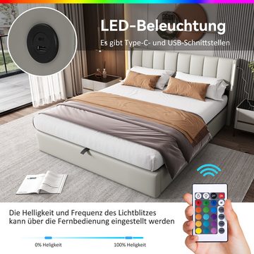DOPWii Polsterbett LED-Polsterbett 140 x 200 cm,hydraulisches Bett,wiederaufladbar, USB-Anschluss im Bett, mit Stauraum, verstellbares Kopfteil