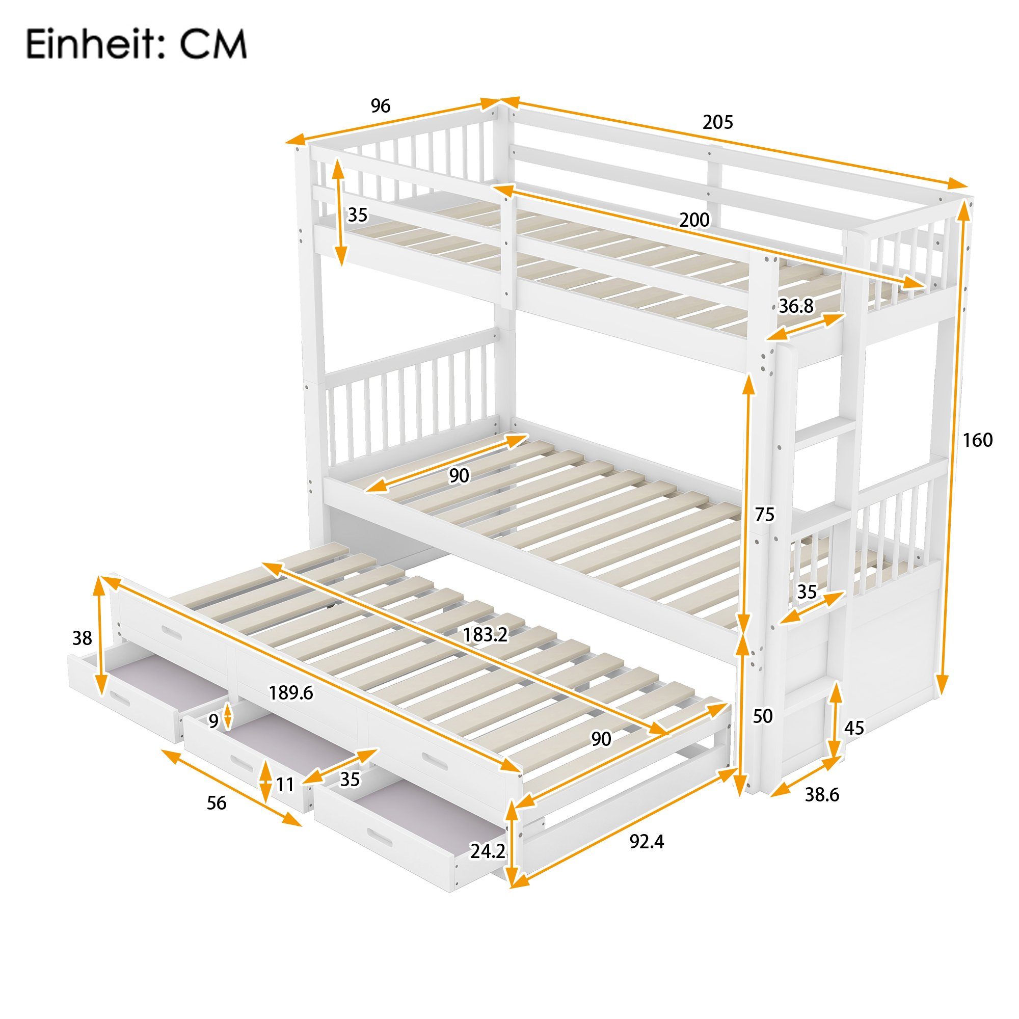 Ulife Kinderbett Etagenbett Leiter ausziehbar Kiefer 3 mit 96x205cm, Schubladen, weiß, und MDF mit aus Bettgestell